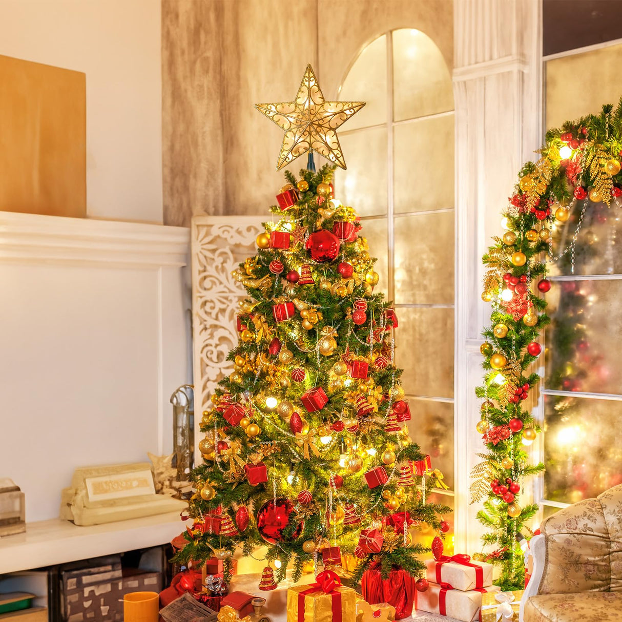 Christmas Star Tree Topper, 9.5 in Plug in Golden Glittered 3D Star Tree Topper, Metal Hollow Designed Built-in 10 Bulbs String Lights for Indoor Office Christmas New Year Holiday Tree Decoration Brightown