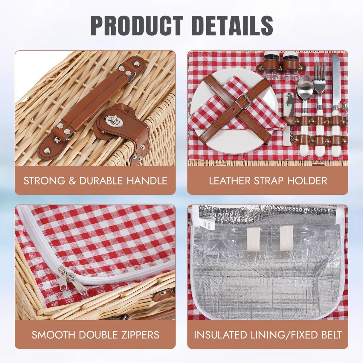 HappyPicnic Picnic Basket Set for 2 - Wicker Picnic Basket with Waterproof Blanket & Insulated Liner, Large Handmade Willow Hamper with Cutlery Kit for Outdoor, Picnic, Camping, Party, Holidays (Red) HappyPicnic