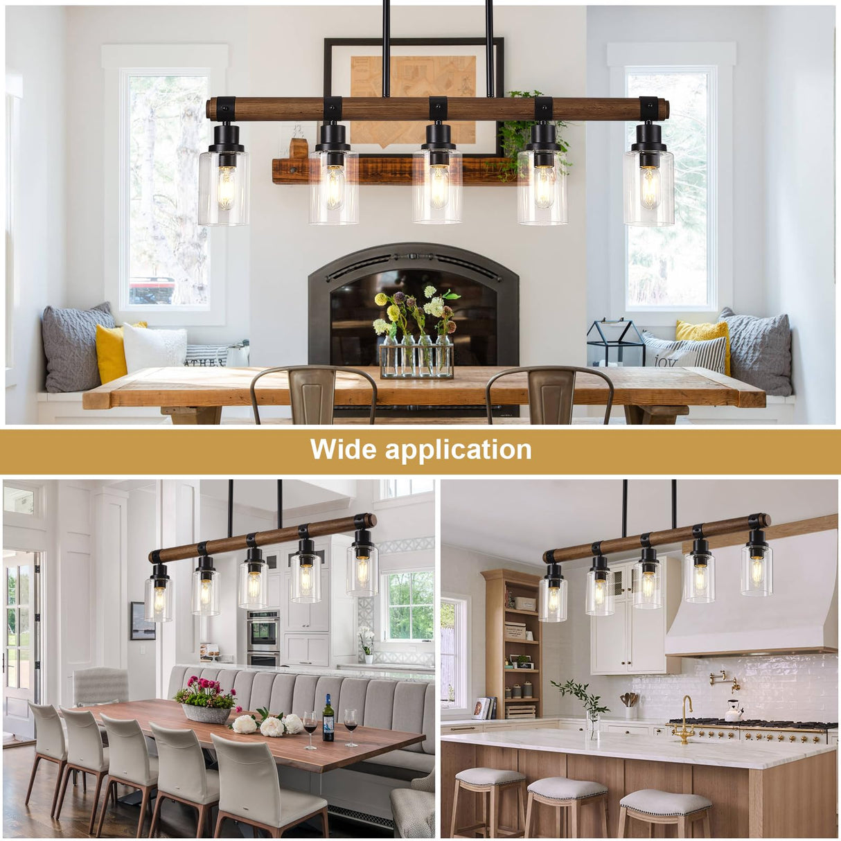 Dining Room Chandelier Over Table, 5-Light Farmhouse Kitchen Island Lighting, Matte Black Rustic Wood Chandelier with Clear Glass Shade, Ceiling Pendant Light Fixture for Kitchen maesta