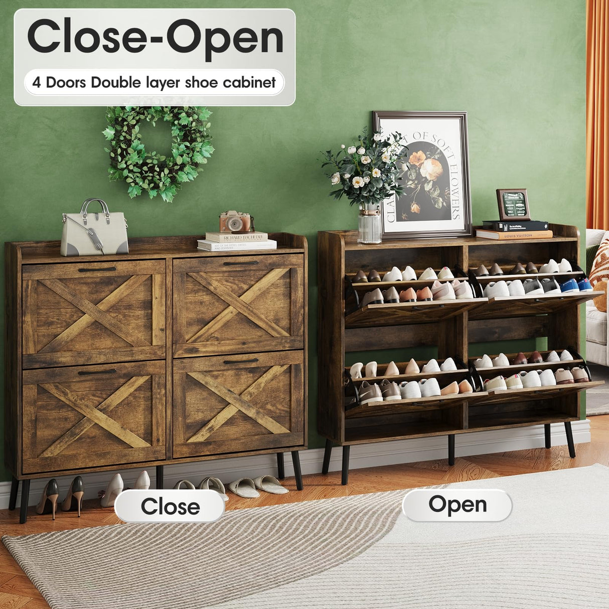 Maupvit Large Shoe Cabinet with 4 Flip Drawers, Freestanding Shoe Organizer with Metal Drawer Bracket for Entryway, Narrow Shoe Rack Cabinet, 5 Sturdy Legs, Rustic Brown Maupvit