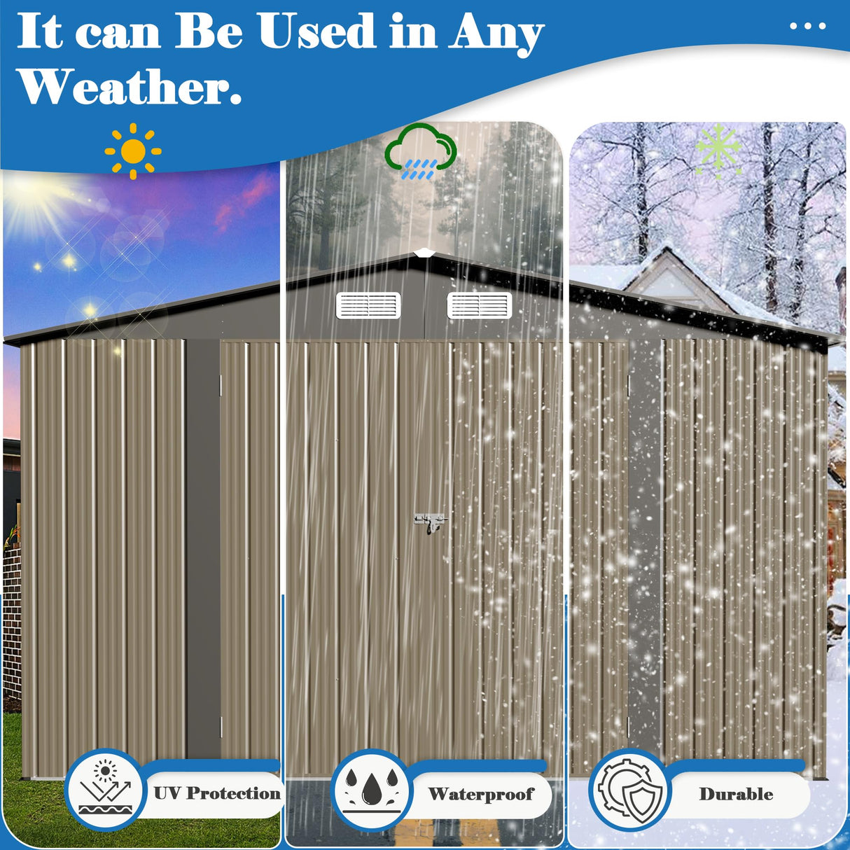 TIMWNER Large Storage Shed, 10' × 8' FT Metal Storage Shed with Lockable Door, Waterproof Shed Outdoor Use, Tool Shed with Windows for Bike, Garden, Brown TIMWNER