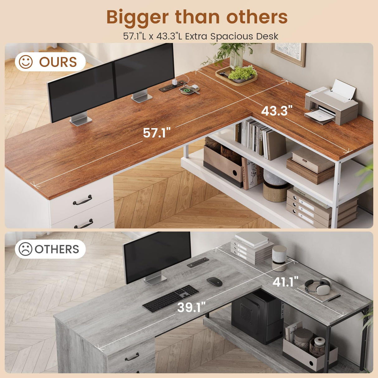 SEDETA L Shaped Desk, Farmhouse Desk with Drawers and Storage Shelves, Executive Home Office Desk with Power Outlet, File Cabinet Storage, Wood Corner Computer Desk, White SEDETA