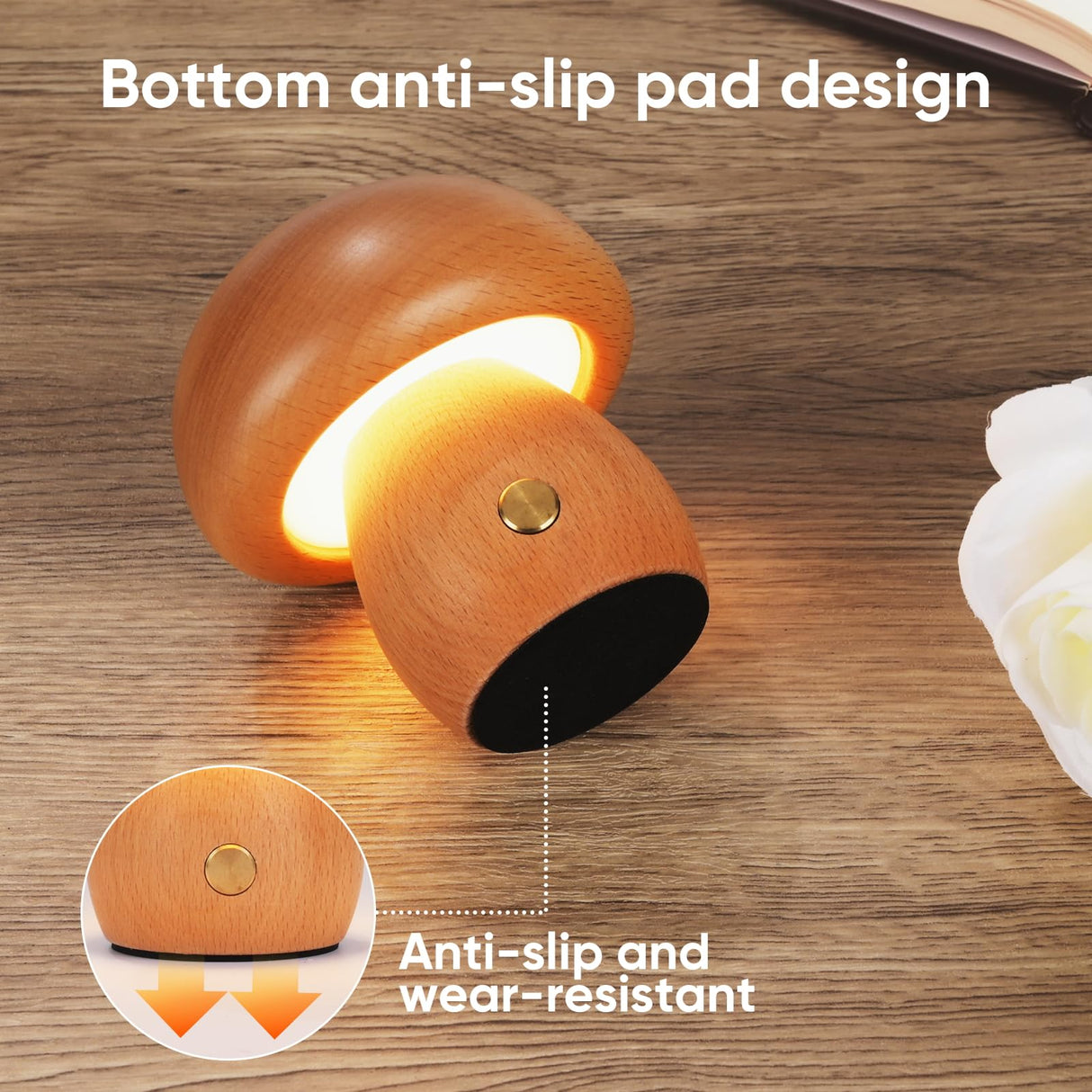 LONRISWAY Wooden Mushroom Lamp, Portable Cordless Rechargeable Battery Operated Lamp,Stepless Dimming, Night Light for Birthday Gifts LONRISWAY