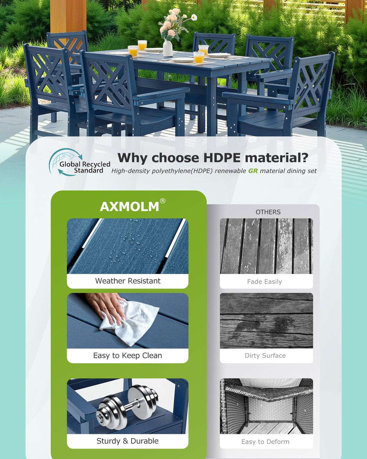 AXMOLM 10 Piece HDPE Outdoor Dining Set for 8, Patio HDPE Furniture Set with 2 Table and Umbrella Hole, Outdoor Table and Chairs for Garden, Poolside, Backyard, Deck AXMOLM