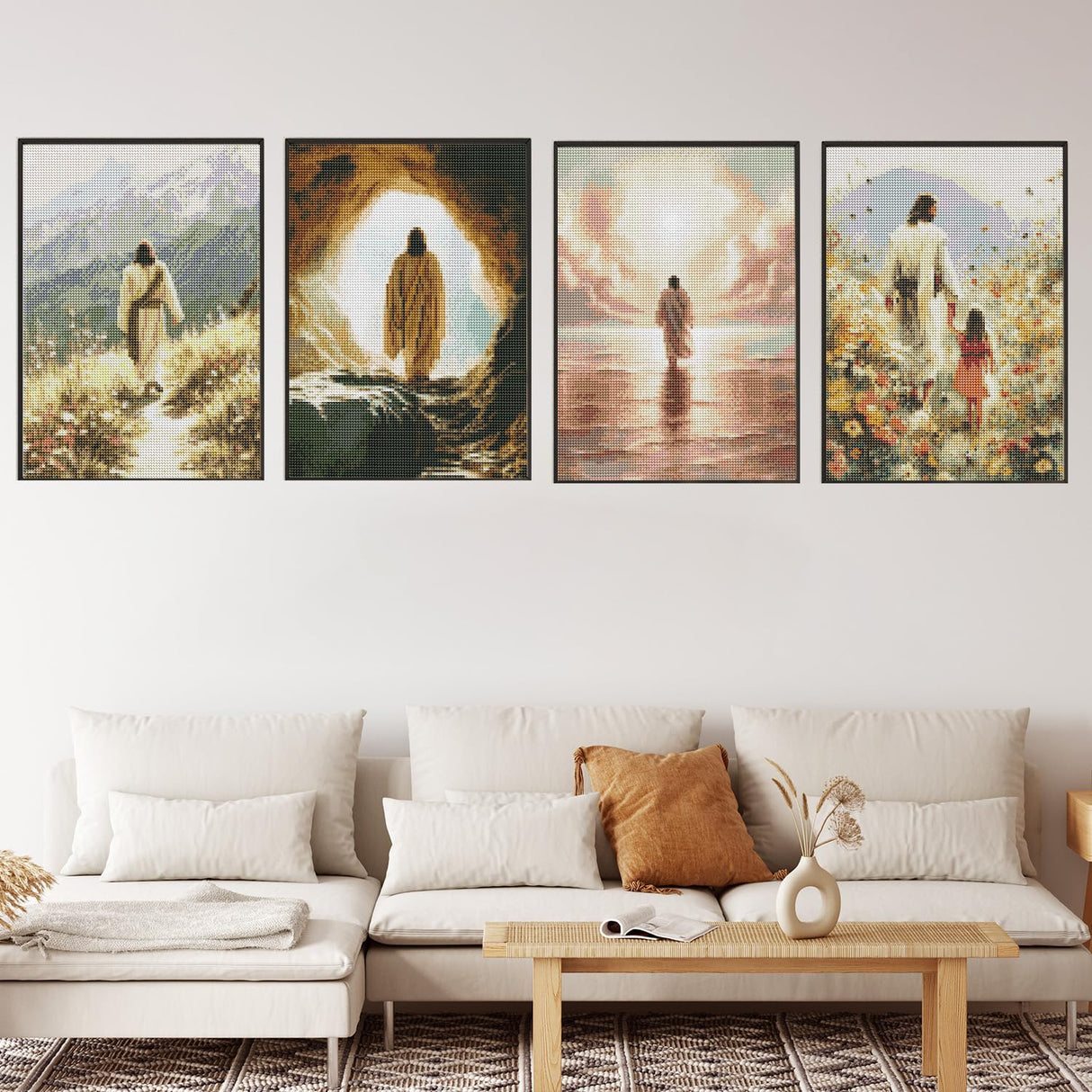 Sitsink Jesus Diamond Art Kits for Adults - Full Drill Jesus Walking on Ocean Beach Christian Diamond Painting, 5D Gem Art Canvas Set Religious Christ Holiday Gifts for Women (4 Sheets) Sitsink