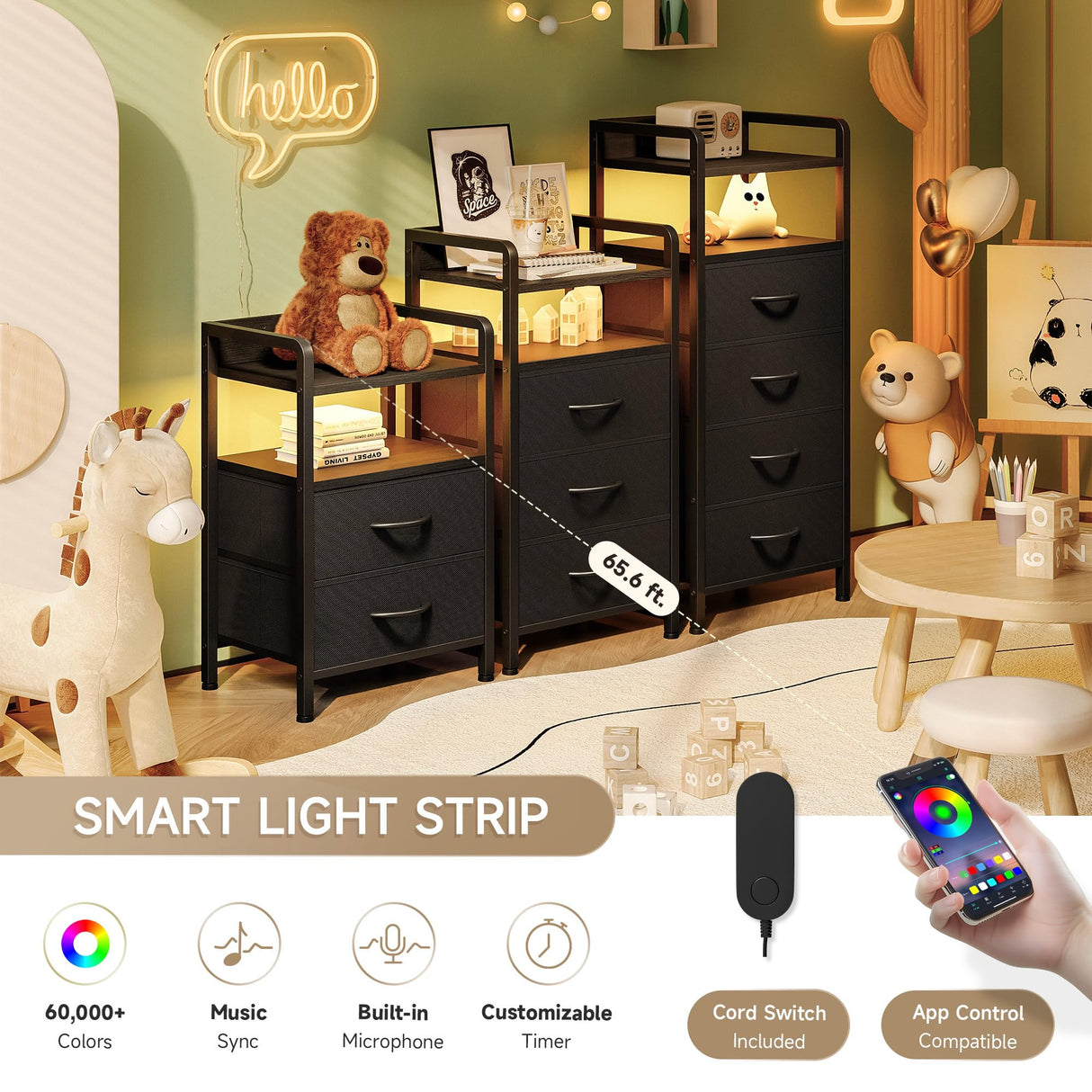 Lazzanto Night Stand Bedside Charger Bedroom - Nightstand with Charging Station & LED Light Strip, Night Stand with Storage Shelf & 3 Fabric Drawers, Morden End Table with U-S-B Ports & AC Outlets Lazzanto