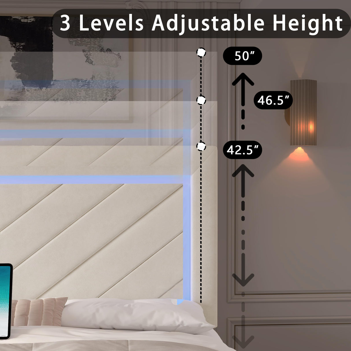 Fastroby Queen Size Bed Frame with Adjustable Headboard and 2 Storage Drawers, Upholstered Bed Frame Queen with RGB LED Light and Charging Station, Easy Assembly, No Box Spring Needed, Off White Fastroby