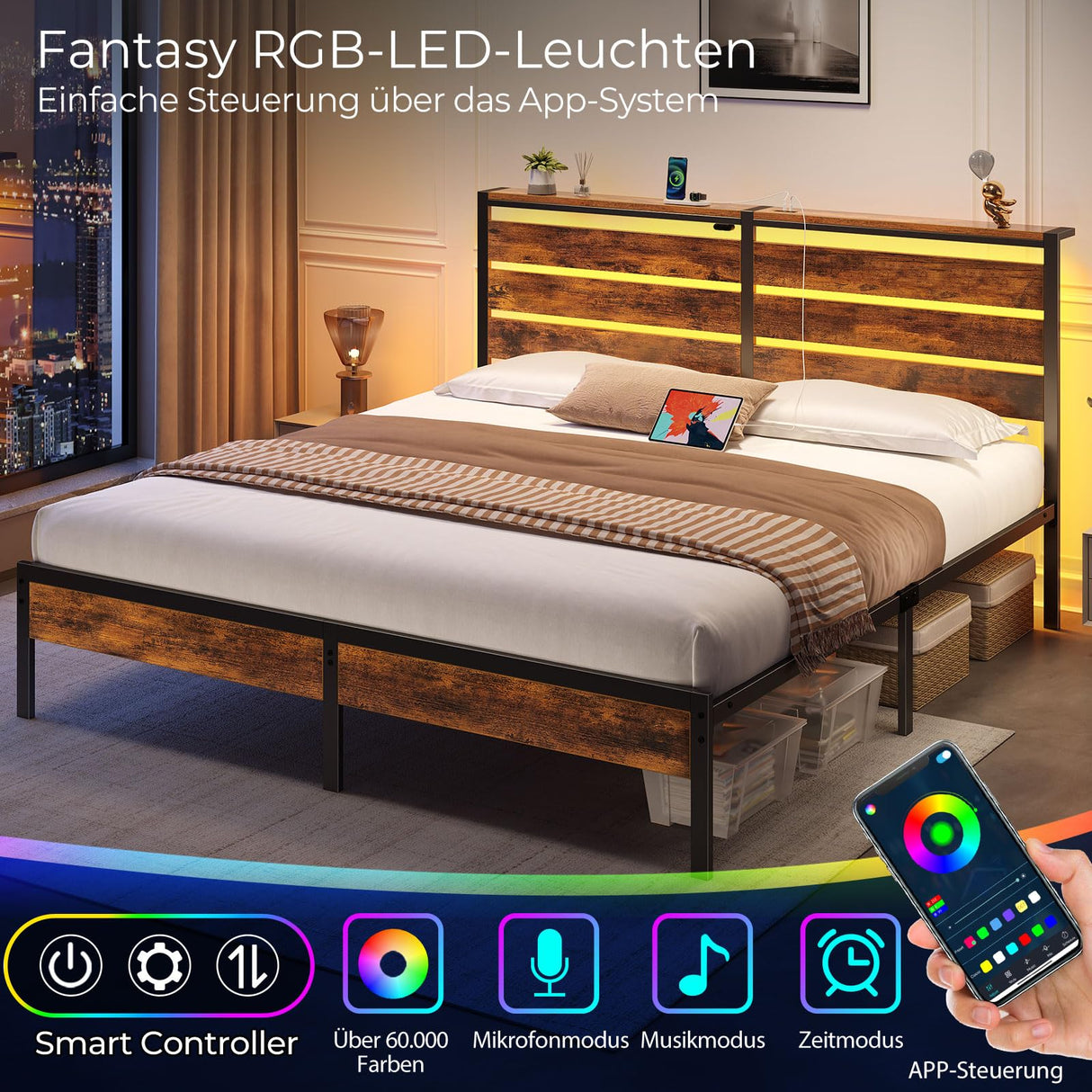 Rolanstar Bed Frame King Size with USB Charging Station, LED Bed Frame with Wood Storage Headboard, Rustic Brown Metal Platform Bed with Under Bed Storage, No Box Spring Needed, Noise Free Rolanstar