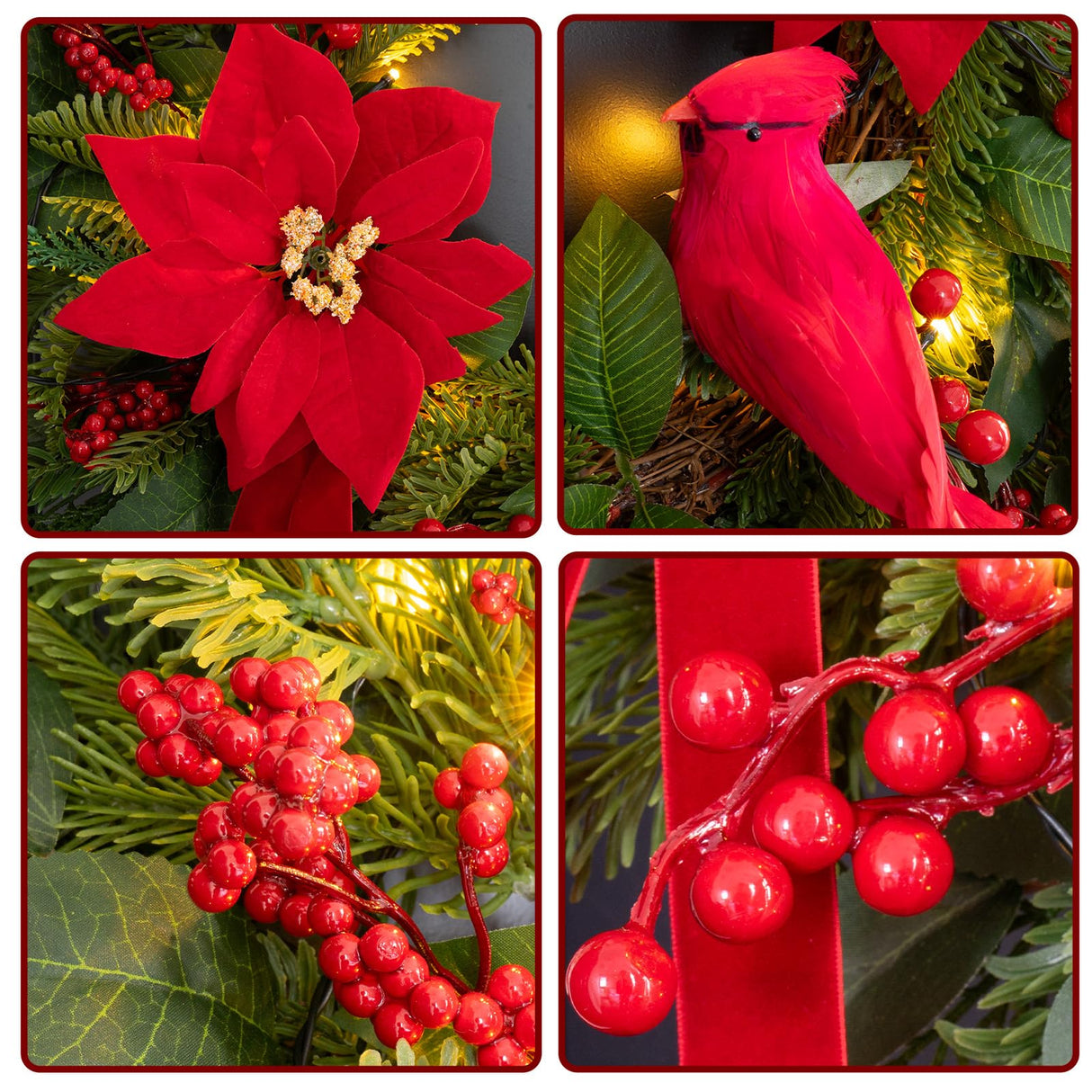 Pinkpuii Pre-Lit Christmas Wreaths for Front Door 24 Inch Christmas Wreath with Lights,Large Winter Wreath with Cardinal Birds,Poinsettia,Green Evergreen Pine Needles Red Berries Holiday Wreath Decor Pinkpuii