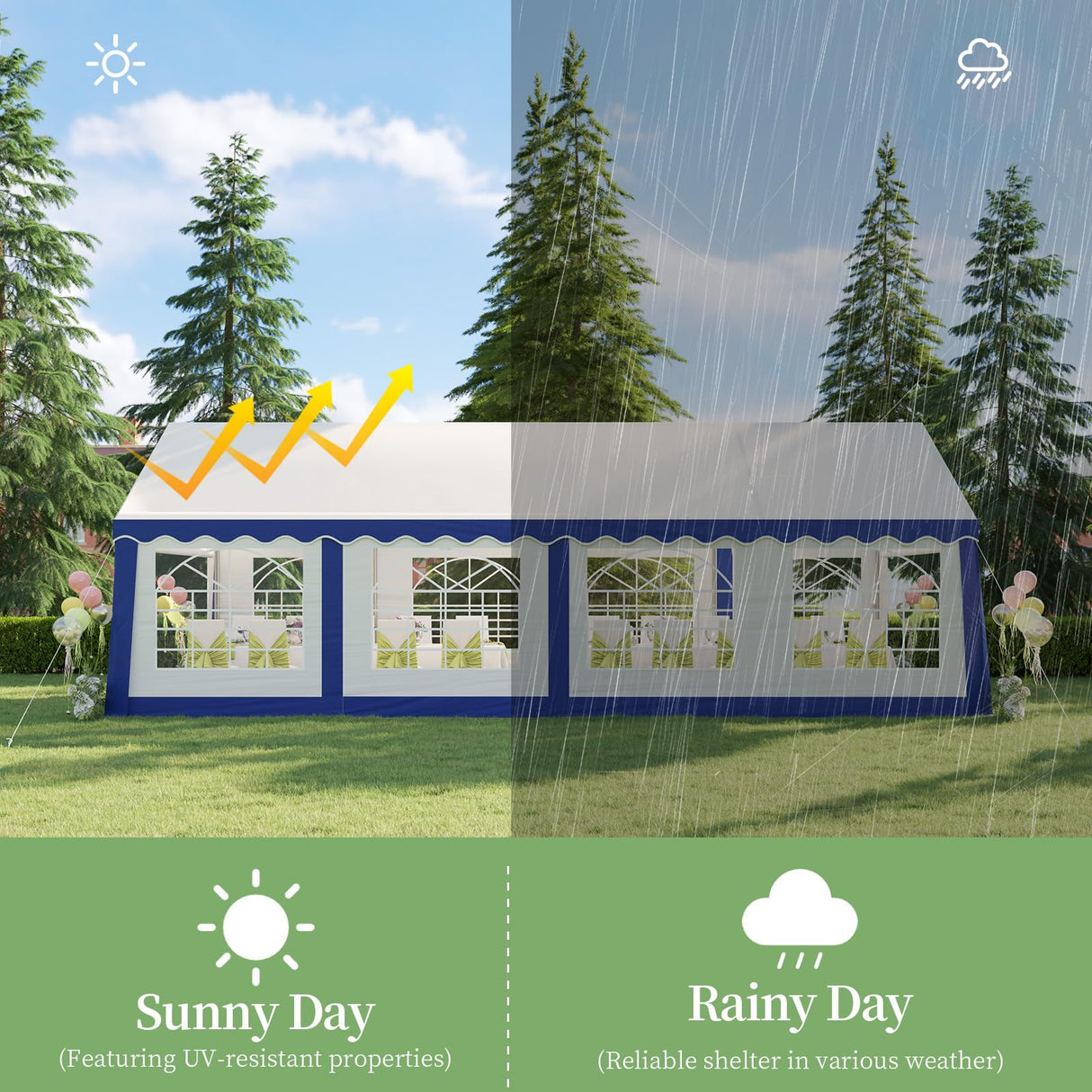 LUXOAK 13x26FT Large Outdoor Event Shelter, Wedding Party Tent with Sidewall Windows & 2 Side Doors, Heavy Duty Canopy Gazebo Tent for Garden Patio Carport/White with Blue Stripes LUXOAK