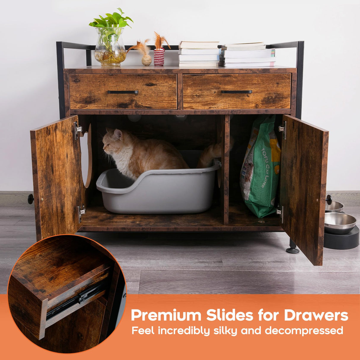 TC-HOMENY Cat Litter Box Enclosure Cabinet Storage Wooden Hidden Cat Washroom Furniture with 2 Doors, Drawers TC-HOMENY