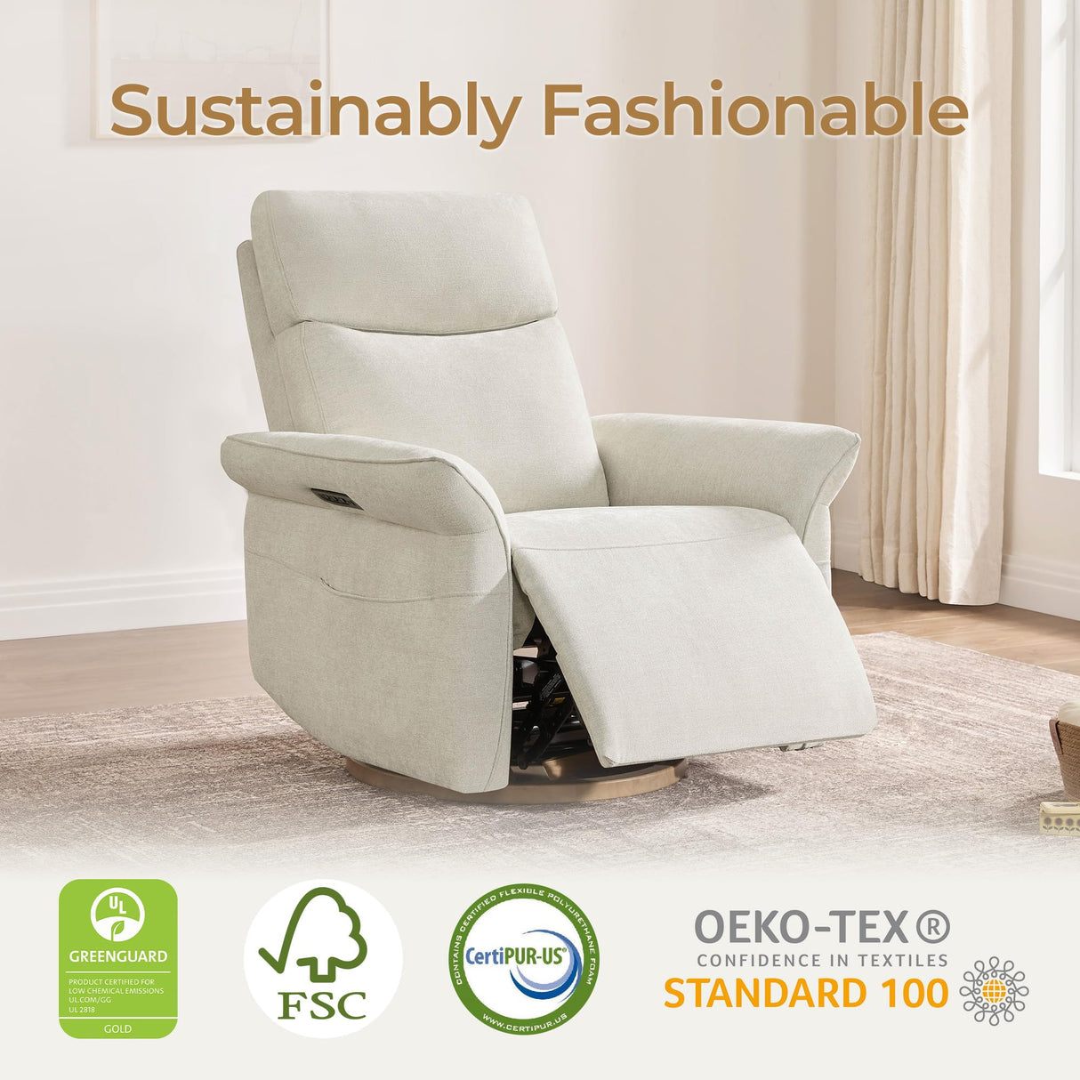 CHITA Power Recliner Chair, Electric Triple-Motor Swivel Glider Nursery Rocking Chair with Adjustable Power Headrest and Lumbar Support, GREENGARD Gold Certified, Solid Wood Base, Linen CHITA