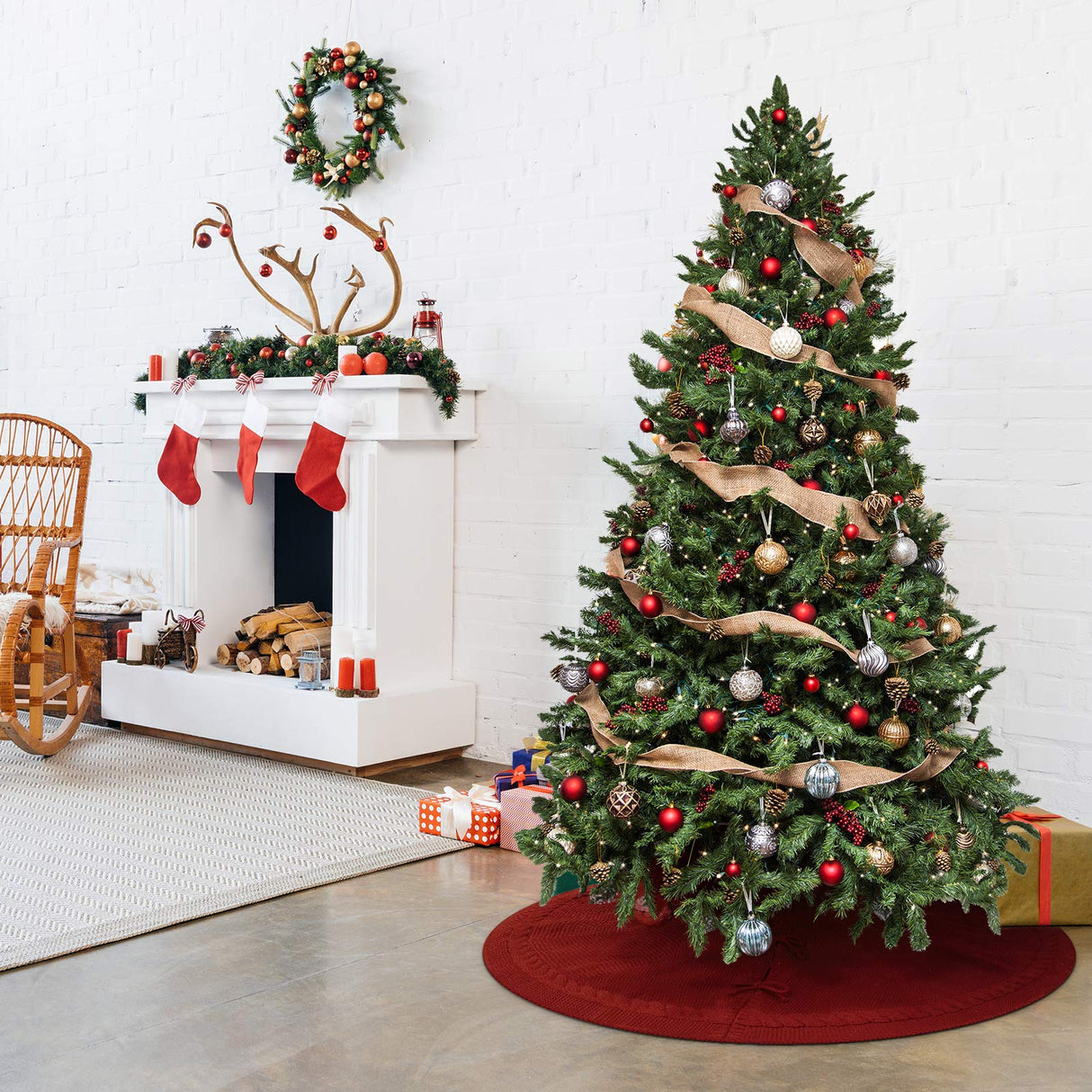 WBHome Christmas Tree Skirt, 52 inch Cable Knit Knitted Thick Rustic Holiday Decoration, Christmas Red WBHome
