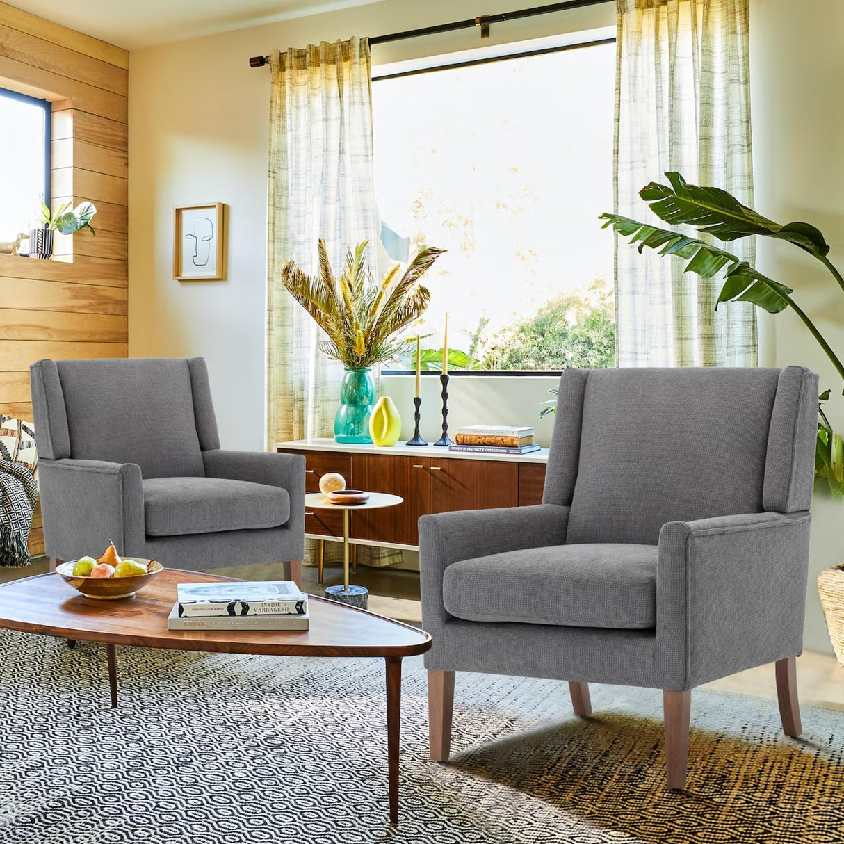 COLAMY Modern Wingback Living Room Chair Set of 2, Upholstered Fabric Accent Armchair, Single Sofa Chair with Lounge Seat and Wood Legs for Bedroom/Office/Reading Spaces, Gery COLAMY