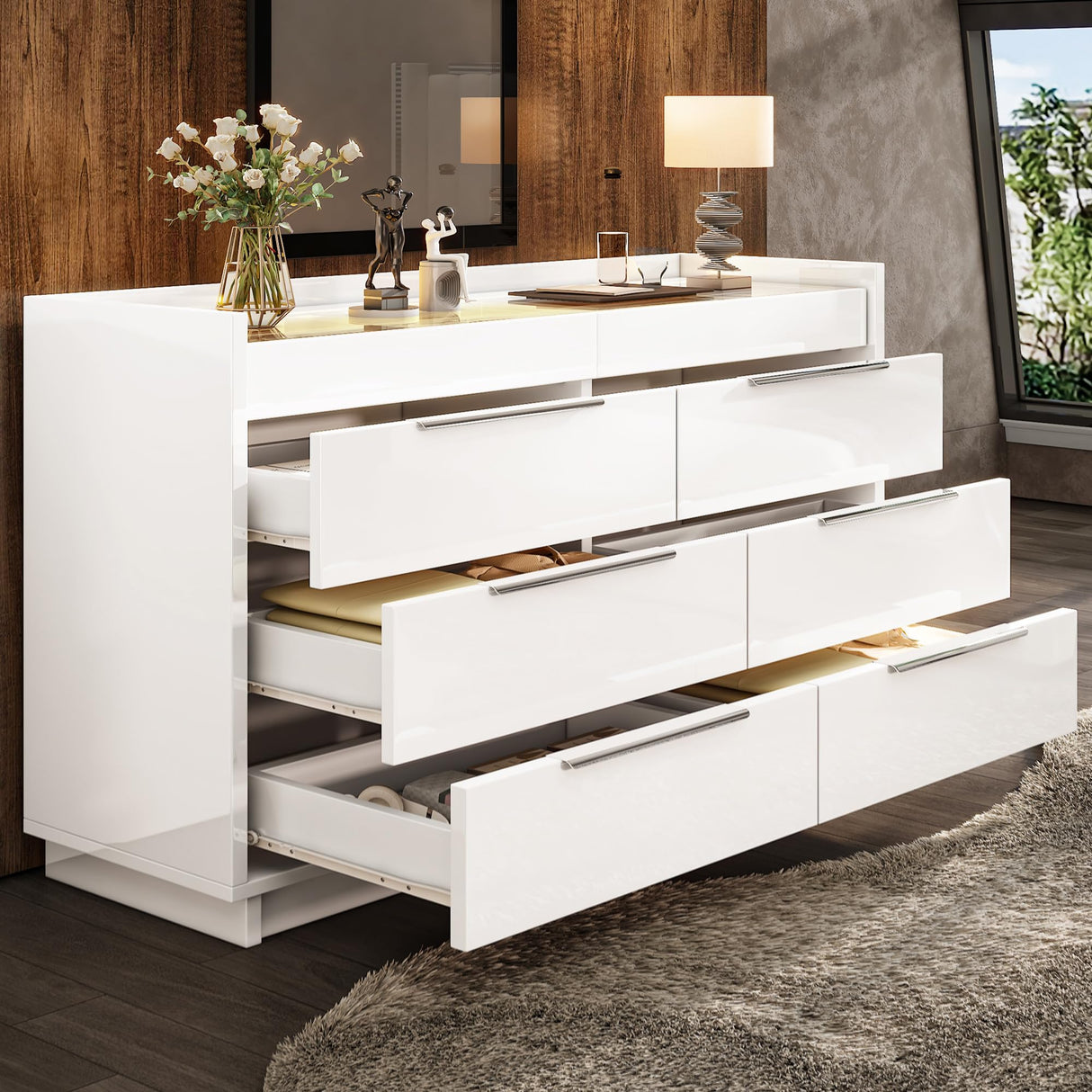 AMERLIFE 47.2" W 8 Drawer Dresser with LED Light & Glass Top, Modern High Gloss Storage Chest with 2 Jewelry Drawers, Storage Organizer for Bedroom, White AMERLIFE