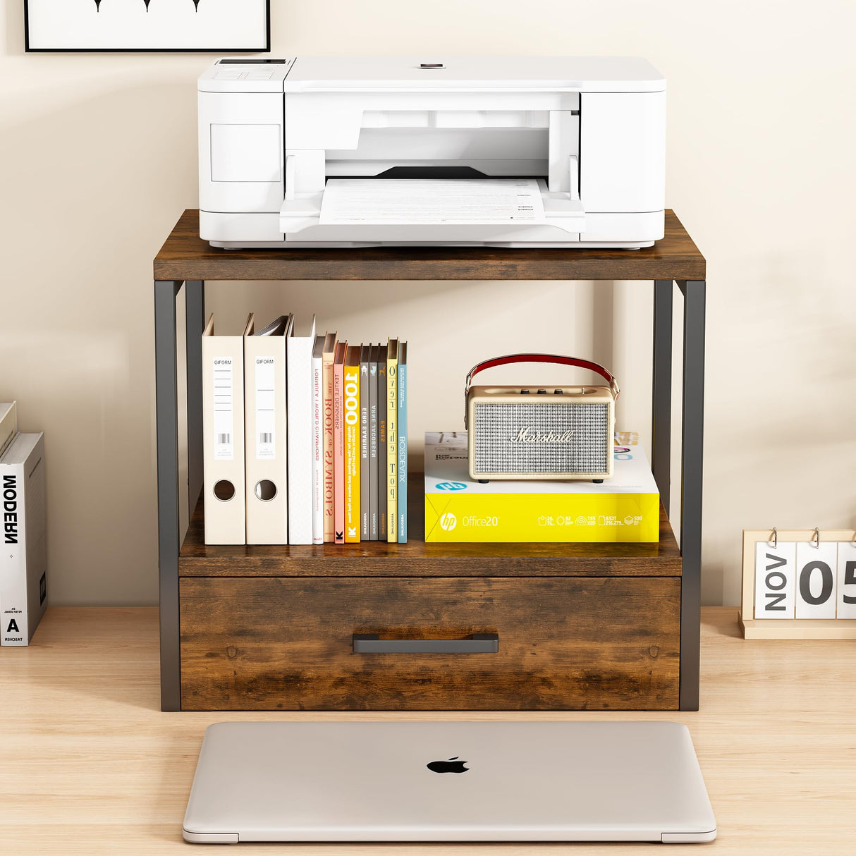 Homeiju Printer Stand for Desk, 2 Tier Printer Stand with Storage,Printer Stand with Drawer,Multi-Purpose Desktop Printer Stand,Heavy Duty Desk Shelf/Desk Organizer for Home Office Homeiju