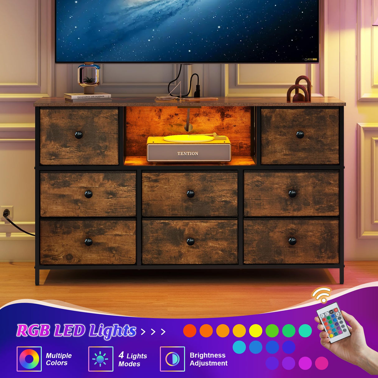 LYNCOHOME Dresser with Power Outlets and LED Lights, Dresser TV Stand with 8 Drawers, Fabric Chest of Drawers for Bedroom, Living Room, Entryway, Sepia Print LYNCOHOME