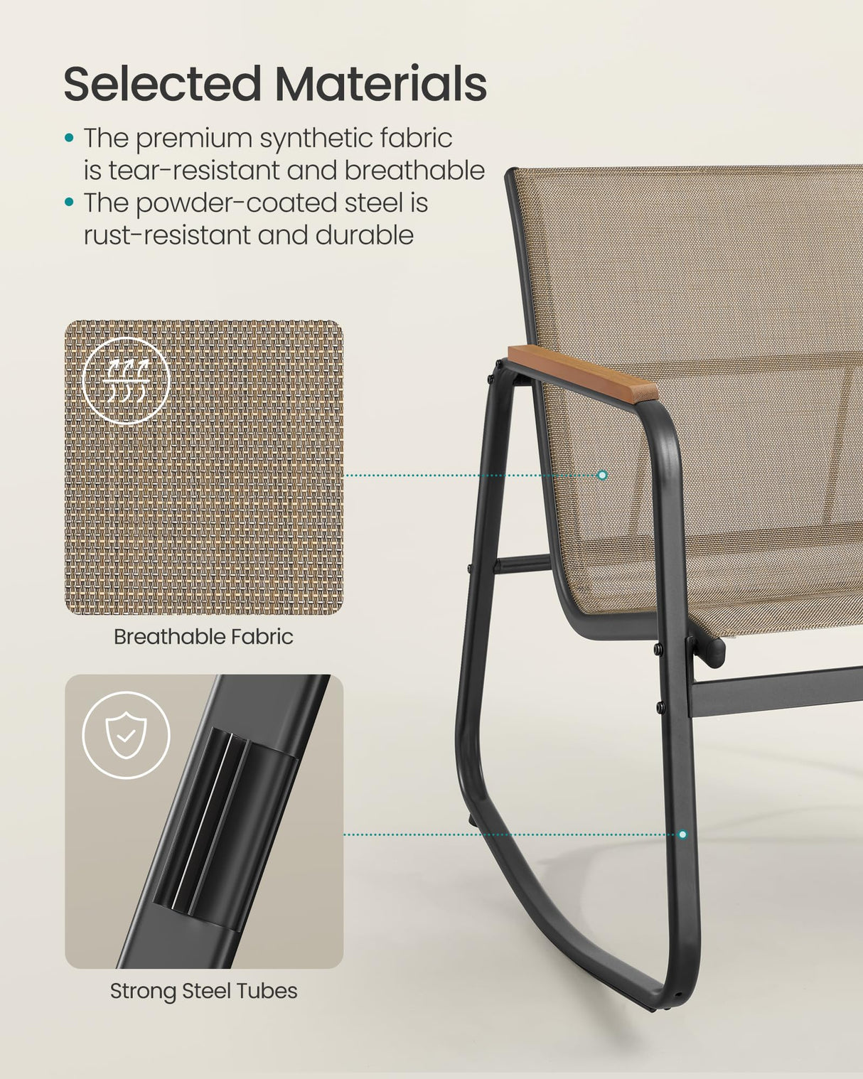 SONGMICS 3-Piece Patio Furniture Set, Garden Coversation Set, 2 Rocking Chairs, Table, Outdoor Lawn Backyard, Steel, with Armrests, Breathable Synthetic Fabric, Yellowish Brown UGGF0027K01 SONGMICS