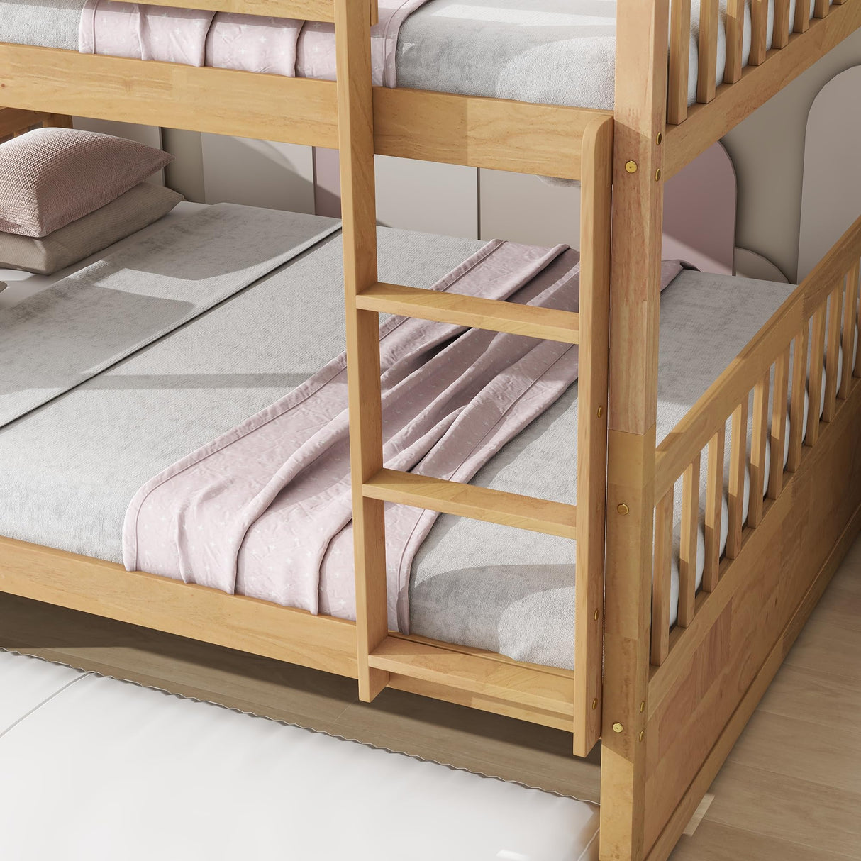 WIILAYOK Full Over Full Bunk Bed with Trundle, Convertible to 2 Platform Bed, Solid Wood Bunk Bed with Ladder and Safety Rails for Teens, Adults, Natural WIILAYOK