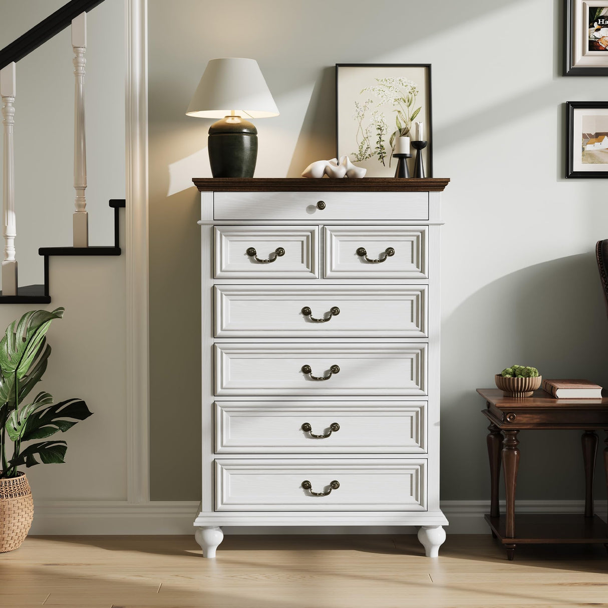 IDEALHOUSE Farmhouse Tall Dresser for Bedroom with 7 Drawers, 50" Tall Large Wood Chest of Drawers with Jewelry Storage for Bedroom, Living Room, Hallway, White IDEALHOUSE
