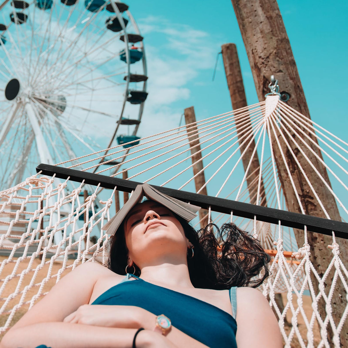 SZHLUX Double Rope Hammocks, Traditional Hand Woven Cotton Hammock with Hardwood Spreader Bar and Carrying Case for Outdoor, Indoor for Two Person, 450lb Weight Capacity SZHLUX