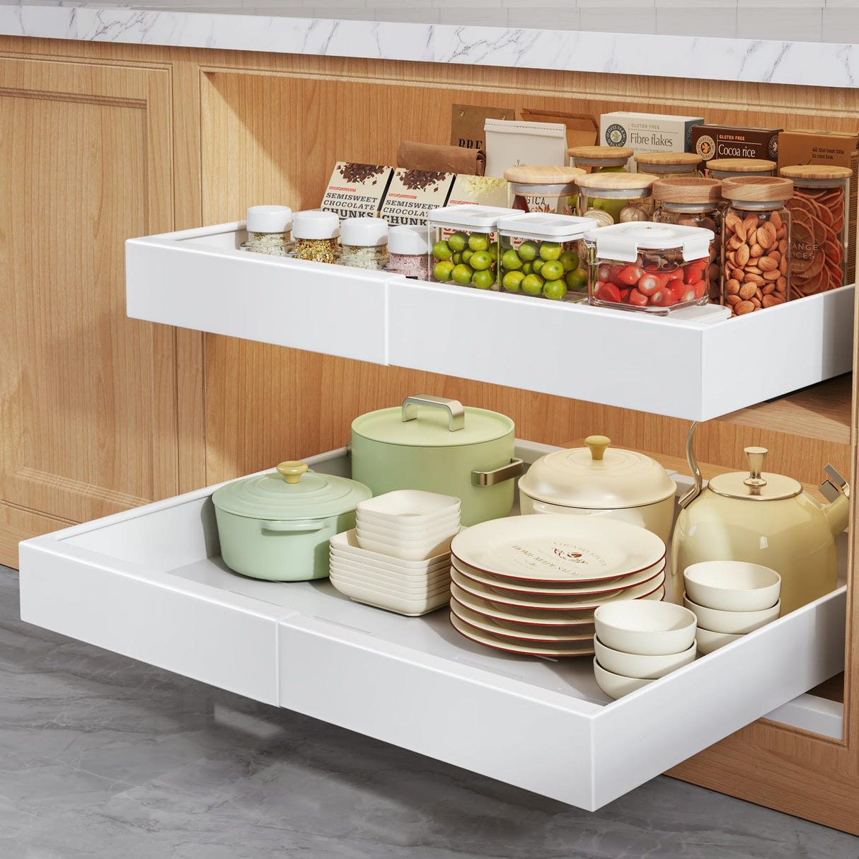 Seinloes 2 Pack Pull Out Cabinet Organizers 21"Deep With Raising Pad for Framed Cabinets,Expandable Slide Out Drawers Upgrade 3 Slide Rails,Roll Out Shelves Adhesive,Adjustable Width 12"-20.45" White Seinloes