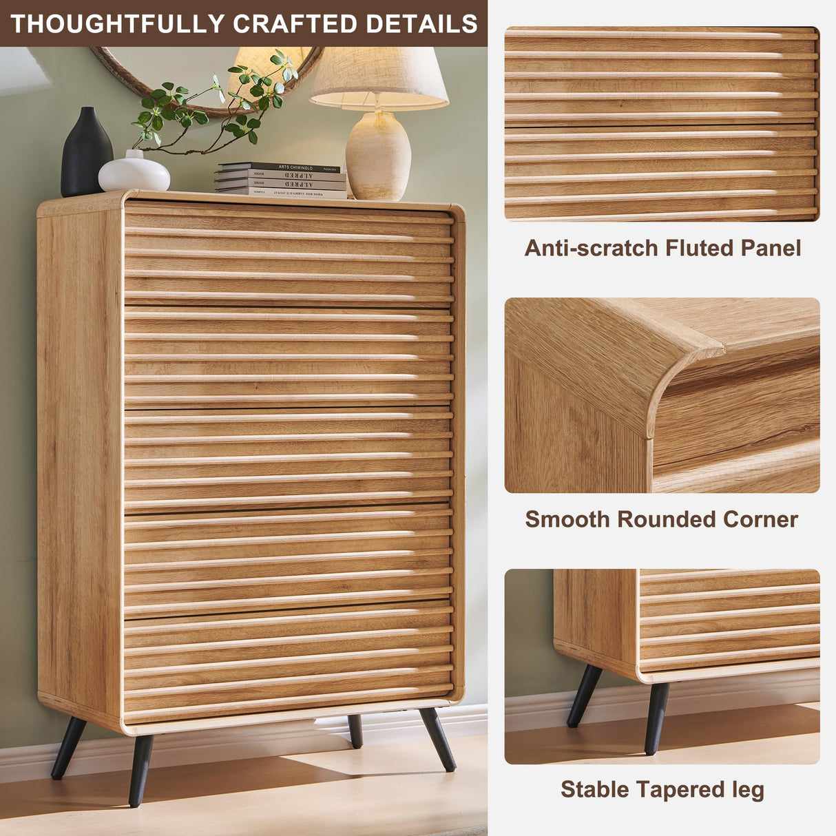 RedLemon 5 Drawers Dresser for Bedroom, 48'' Tall Mid Century Modern Wood Fluted Dresser, Chest of Drawers with Tapered Leg for Bedroom, Living Room, Hallway, Closet,Natural Oak RedLemon