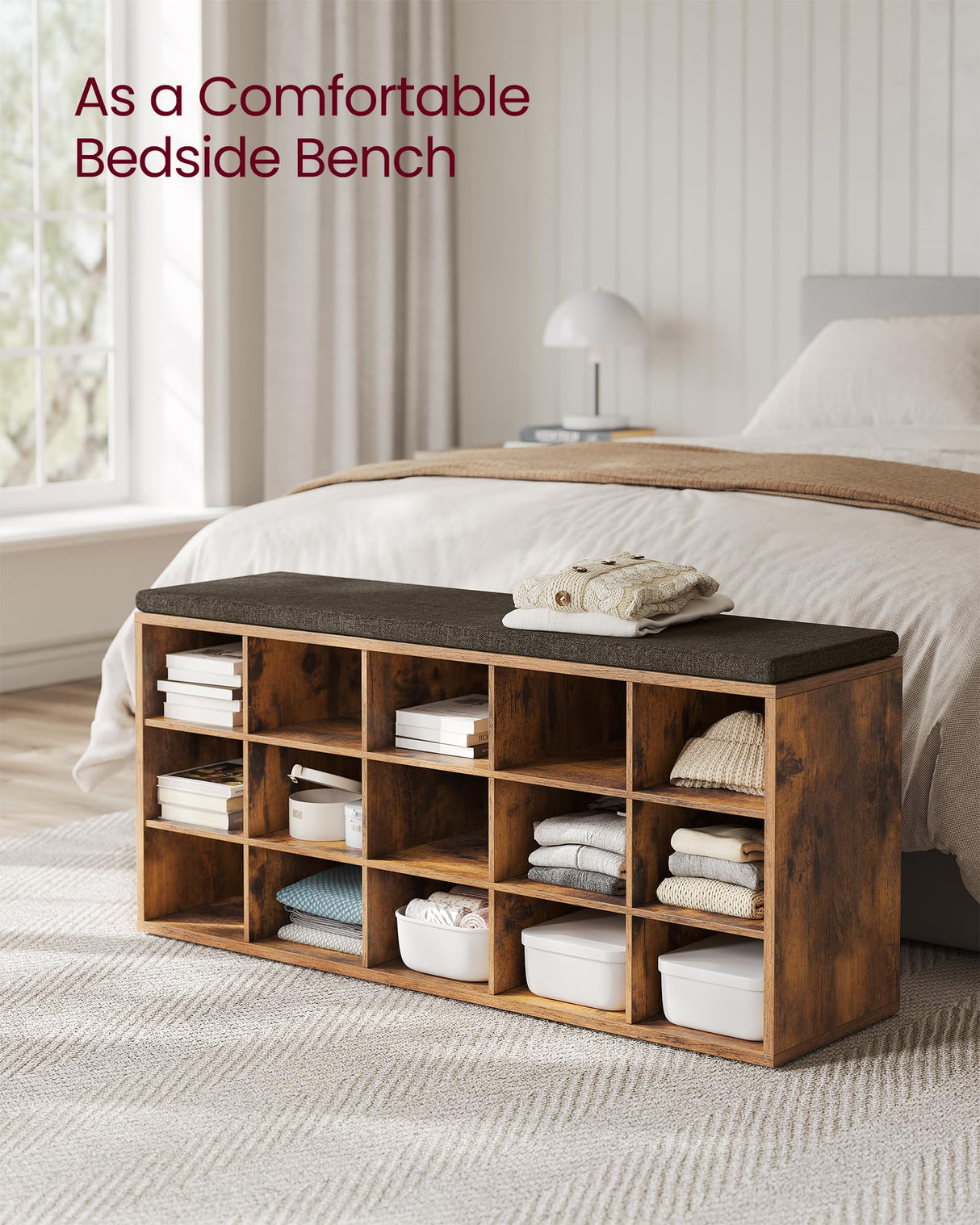 VASAGLE Shoe Bench with Cushion, Storage Bench with Padded Seat, Entryway Bench with 15 Compartments, for Bedroom, 11.8 x 41.3 x 18.9 Inches, Rustic Brown and Chestnut Brown ULHS15BX VASAGLE