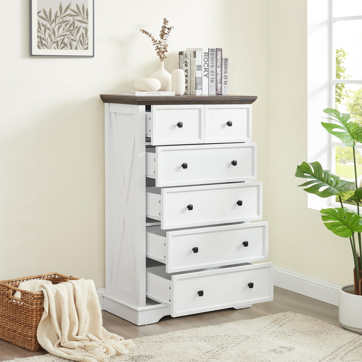 CKEASEAN 6 Drawer Dresser, Farmhouse Dresser, Nightstand Chest of Drawer for Bedroom, Wood Storage Chest of Drawers Storage Cabinet for Living Room, Hallway,Entryway (White, 6 Drawer) CKEASEAN