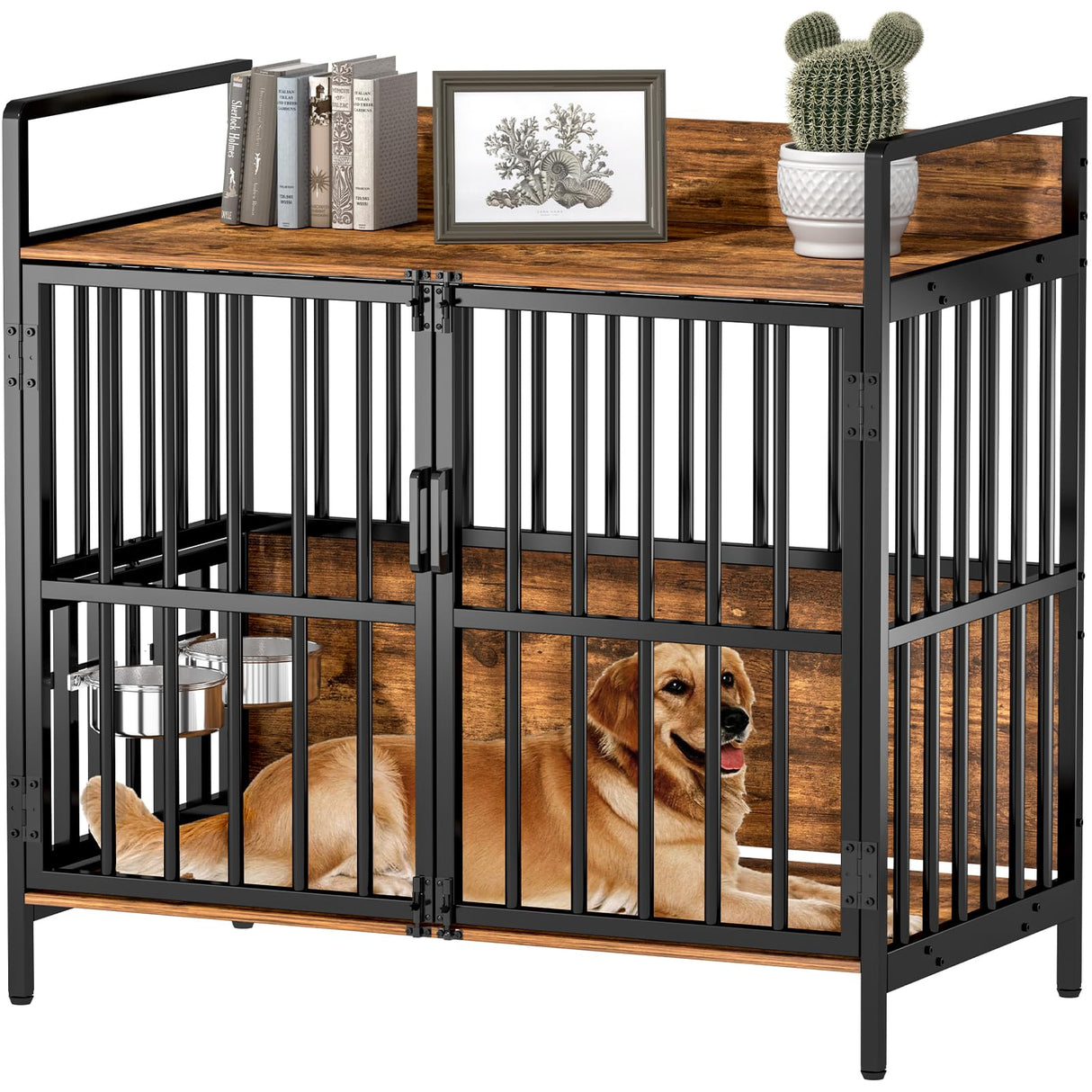 Large Dog Crate Furniture, with 360° Adjustable Elevated Feeder, Heavy Dog Furniture, Indoor Decorative Dog Kennel, Sturdy Metal Construction, 38" W×21" D×36" H, Rustic Brown Finish vanjezand