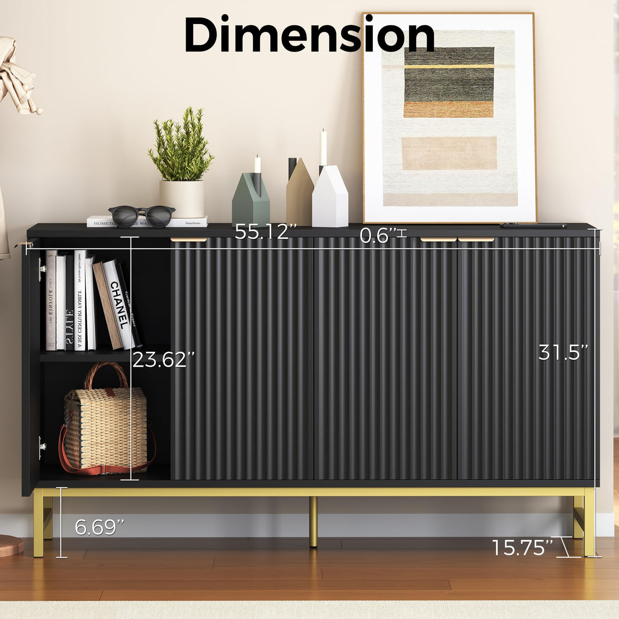 Luoxiao Fluted Sideboard Buffet 55" Console Table for Entryway Modern Credenza Accent Cabinet with Adjustable Shelves Coffee Bar Cabinet for Living Room, Kitchen, Dining Room,Hallway Black Luoxiao