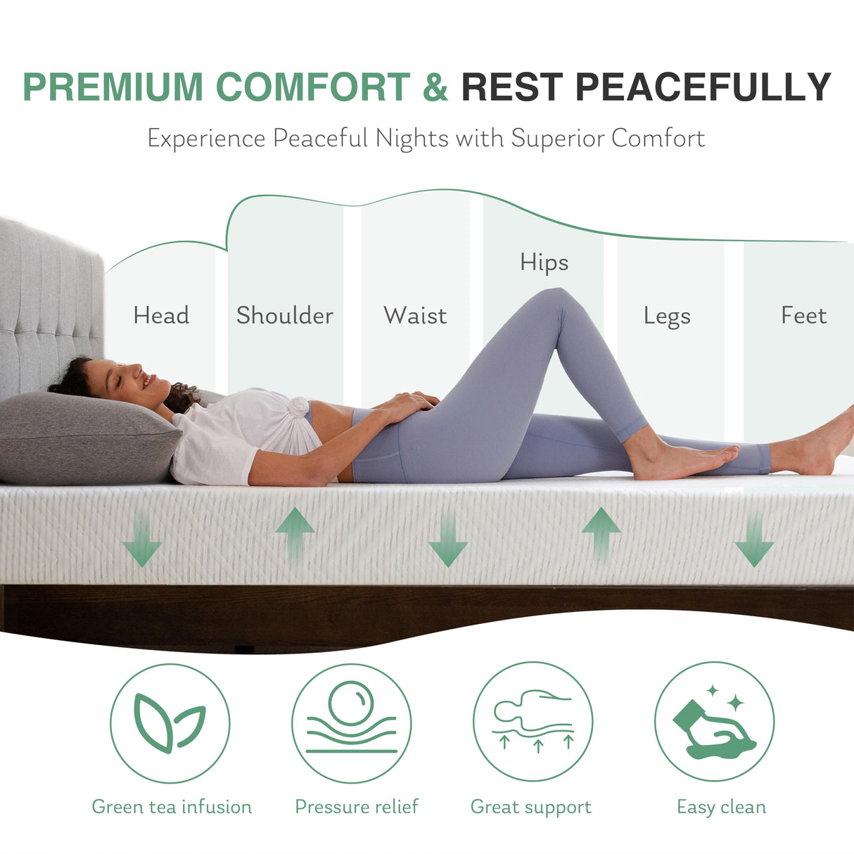 Queen Mattress in a Box, 10 inch Mattresses for Platform Bed Double Size Daybed, Green Tea Memory Foam Medium Firm MLILY