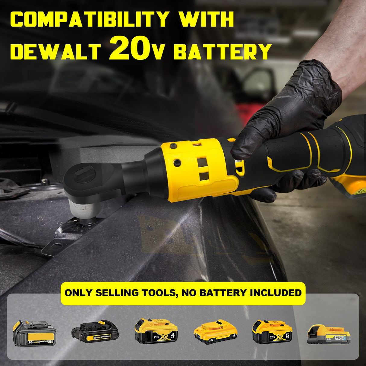 3/8" Cordless Ratchet Wrench Compatible with DEWALT 20V Battery, Electric Power Ratchet, Variable Speed Trigger, 45 Ft-lbs 400 RPM Wrench Tool, 7 Sockets, 1/4" Adapter & 3" Extension Bar (Tool Only) byczone