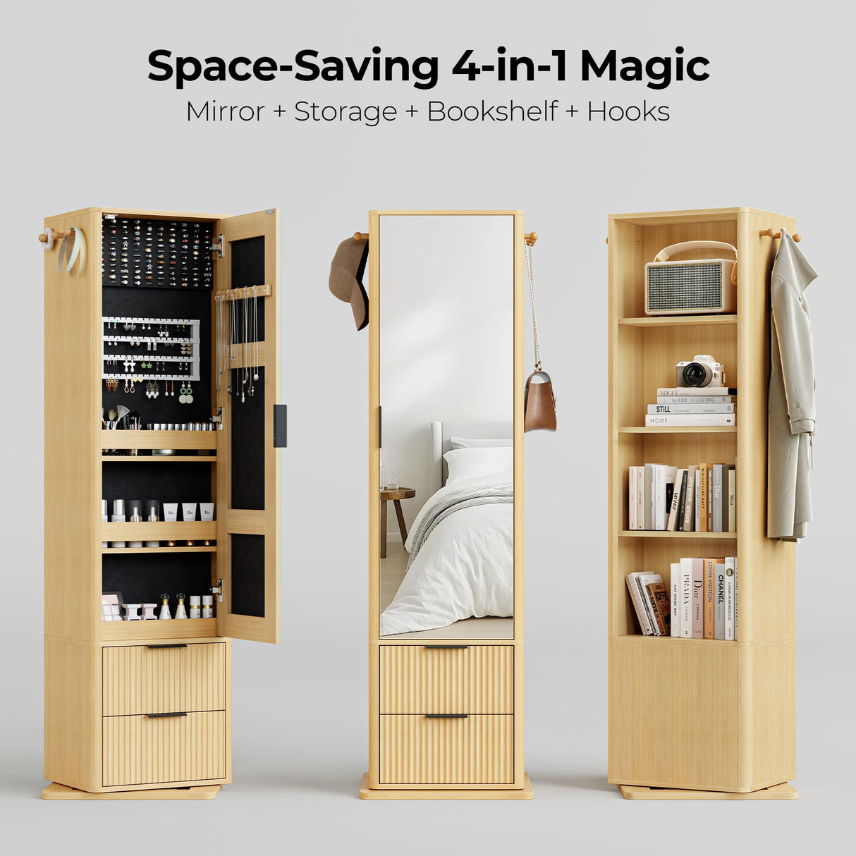 IRONCK 360° Swivel Jewelry Cabinet, Jewelry Armoire with Full Length Mirror, Coat Rack and 4-Tier Shelf, Standing Jewelry Organizers with 2 Drawers, Oak IRONCK