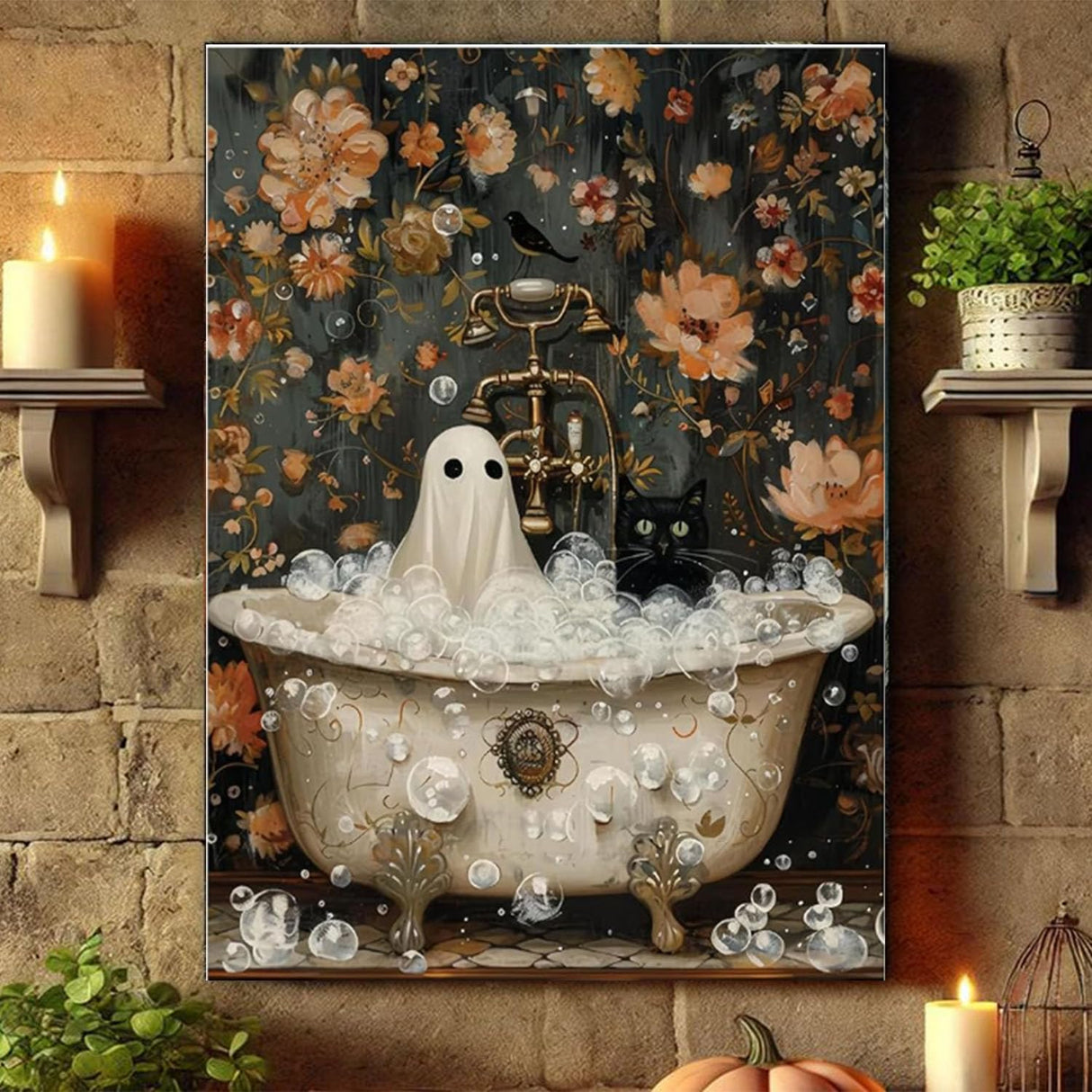 Halloween Paint by Numbers Kit for Adults Beginner-Funny Bathing Ghost and Black Cat Adult Paint by Number Kits on Canvas,Retro Horror DIY Acrylic Painting by Numbers for Gift Home Decor(16x20inch) Arttoplus