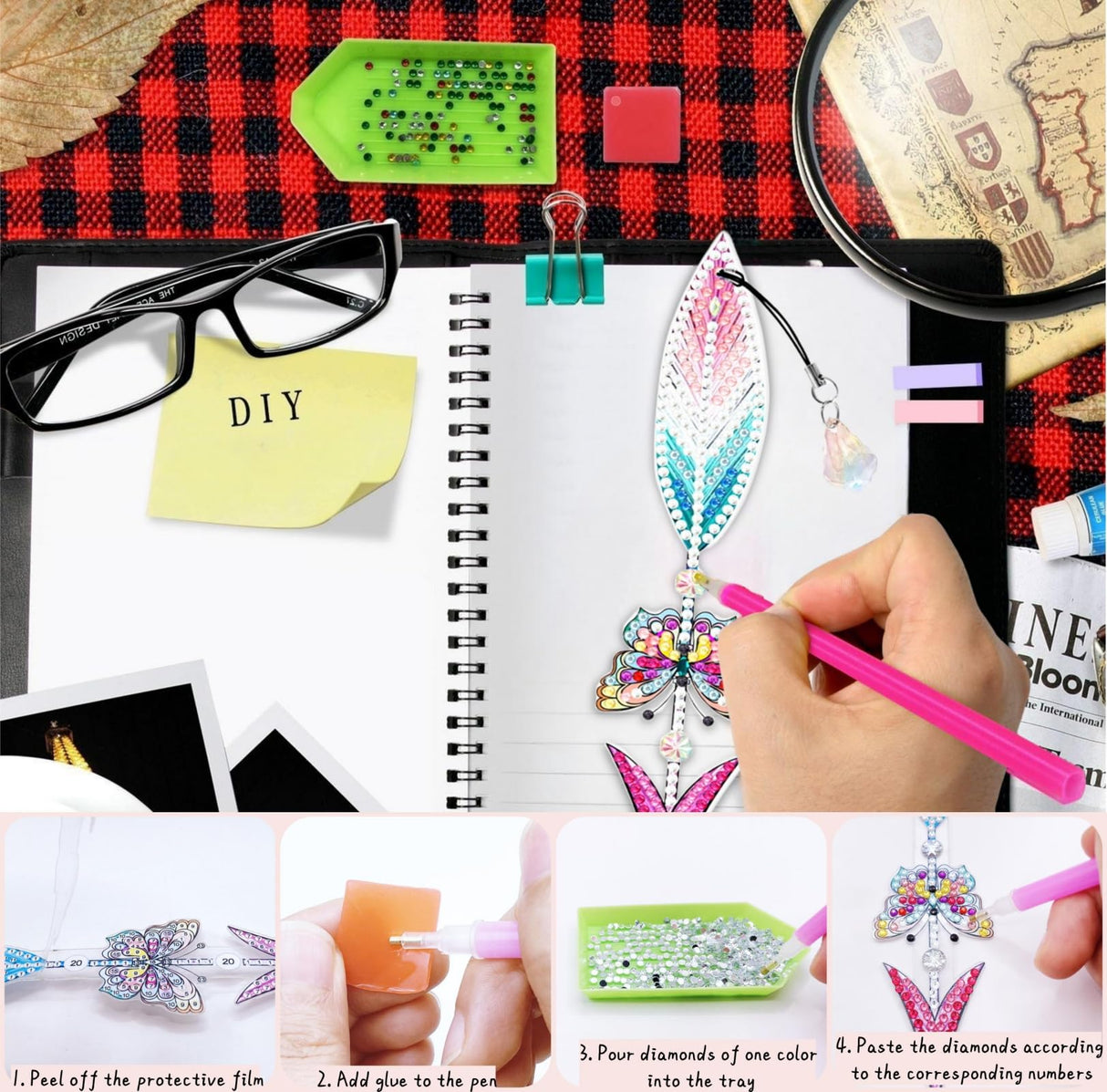 12 Pcs Diamond Painting Bookmarks,Butterflies Diamond Art Bookmarks with Crystal Pendant, Diamond Art Painting Kits for Beginners Adults DIY Art Craft Gifts Book Decors (Flowers) Bulerrylulu