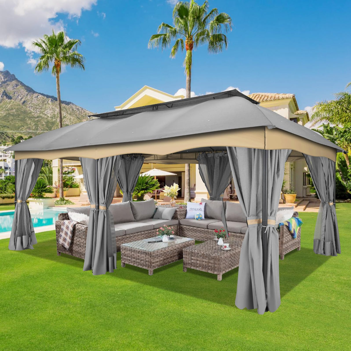HOTEEL Gazebo 12x20, Outdoor Gazebo on Clearance with Double Ventilated Flat Roof, Privacy Curtains & Mosquito Netting, Easy Set up Canopy Tent with Stable Metal Frame for Patio, Gray (Upgraded 2.0) Hoteel