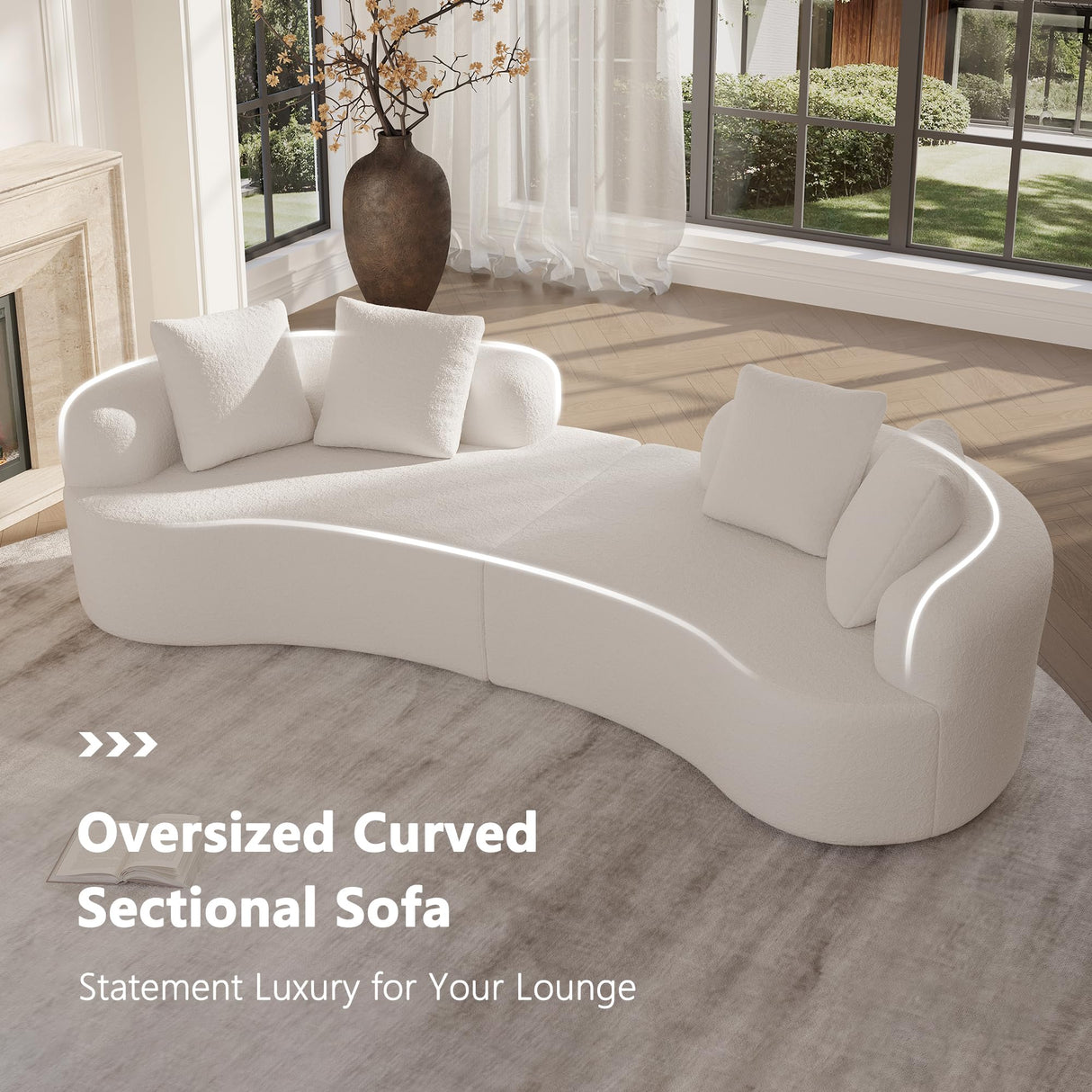Olodumare 106.7" Modern Curved Oversized Sectional Sofa, Minimalist Modular Cloud Couch with 4 Throw Pillows, Luxury 4-Seater Extra Deep & Wide Seat Sofa in Soft Teddy Fabric, Cream White Olodumare