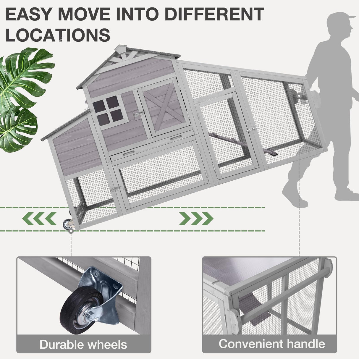 MEDEHOO Chicken Coop with Wheels Wooden Outdoor Chicken House Easy Cleaning with Nesting Box, Deeper Leakproof Pull-Out Tray and UV Proof Panel Roof - Reinforced Version MEDEHOO