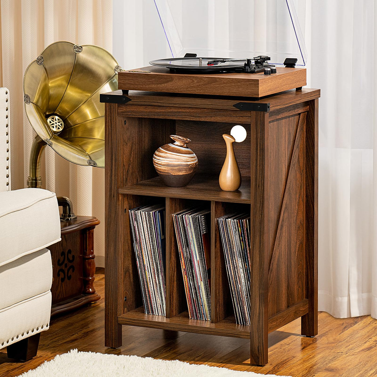 Joaxswe Record Player Stand with Vinyl Record Storage,Rustic Brown Record Player Table Holds up to 160 Albums,Large Wood Turntable Stand Cabinet Dispaly Shelf for Living Room,Bedroom,Office Joaxswe