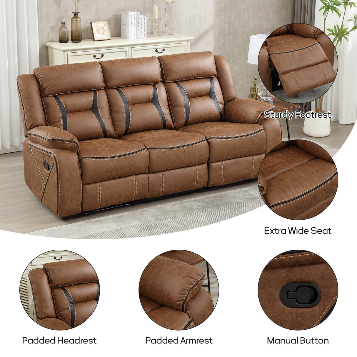 EBELLO Faux Leather Recliner Sofa Furniture Set for Living Room, Recliner Chair, Manual Loveseat, 3 Seat Recliniing Sofa Couch Set for Meeting Room, Brown (Recliner+Loveseat+Sofa) EBELLO