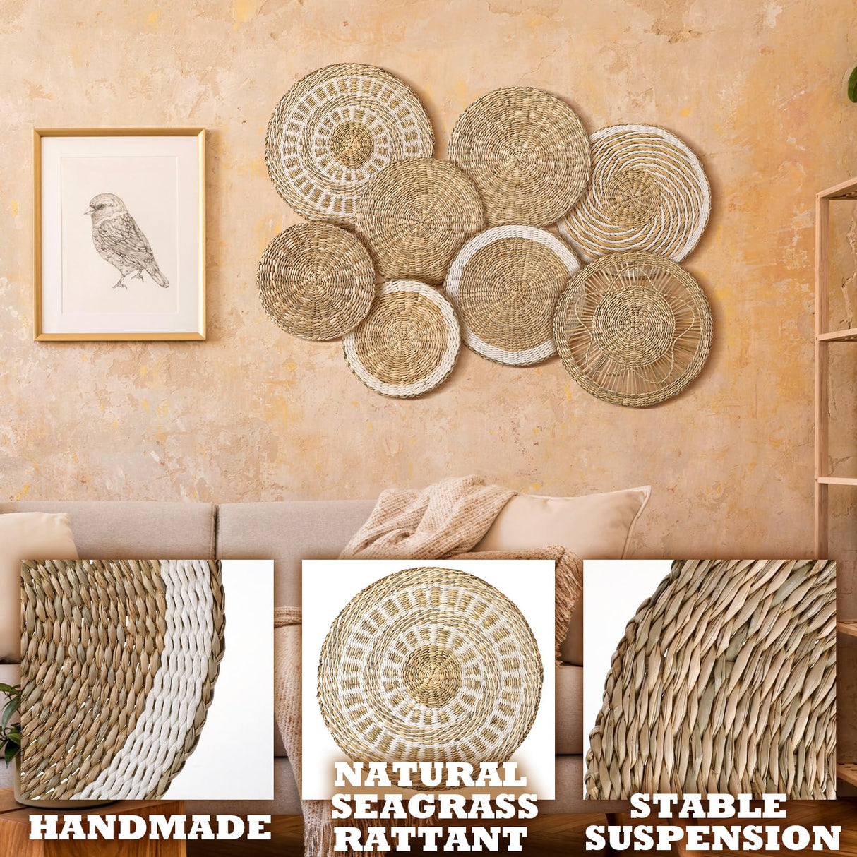 Xuhal Set of 8 Hanging Woven Wall Basket Handmade Decorative Rustic Boho Basket Decor Handcrafted Wicker Round Seagrass Wall Art for Home Kitchen Farmhouse Table Living Room Xuhal