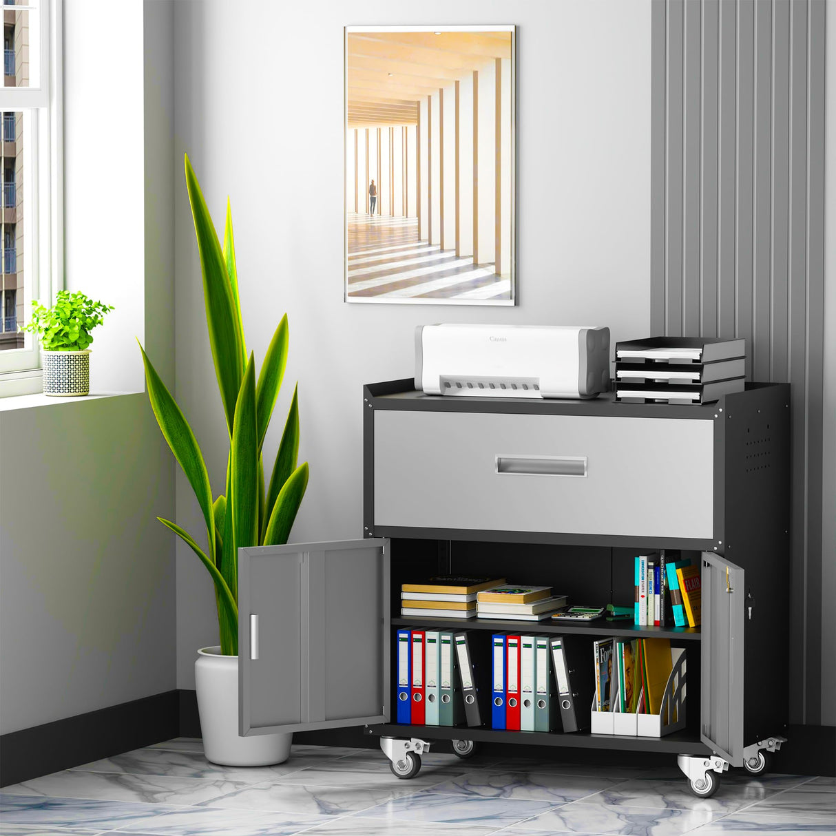 LCAOPC Metal Garage Storage Cabinet with Wheels, Lockable Rolling Tool Chest with Wheels, Tool Cabinet on Wheels, Utility Cabinet for Home, Office, Garage and Workshop, Black & Gray LCAOPC