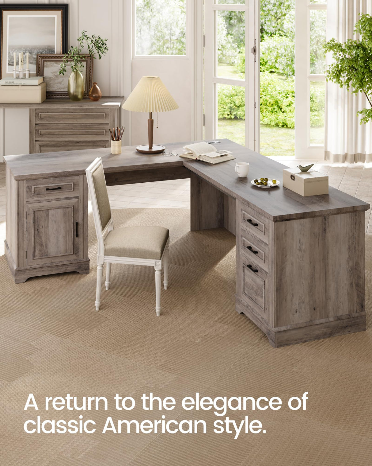 Itaar Farmhouse L Shaped Desk, Executive Computer Desk with Drawers and Storage Cabinet, Home Office Desk with File Drawer and Power Outlet, Corner Desk, Workstation for Office Home, Grey Itaar