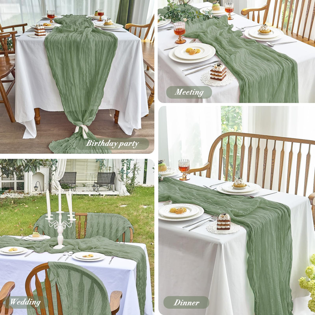 IVAPUPU 2 Pcs Cheesecloth Christmas Table Runner - 10ft Sage Green Boho Gauze Cheese Cloth Table Runners for Baby Shower Decoration Wedding Party Summer Garden Farmhouse IVAPUPU