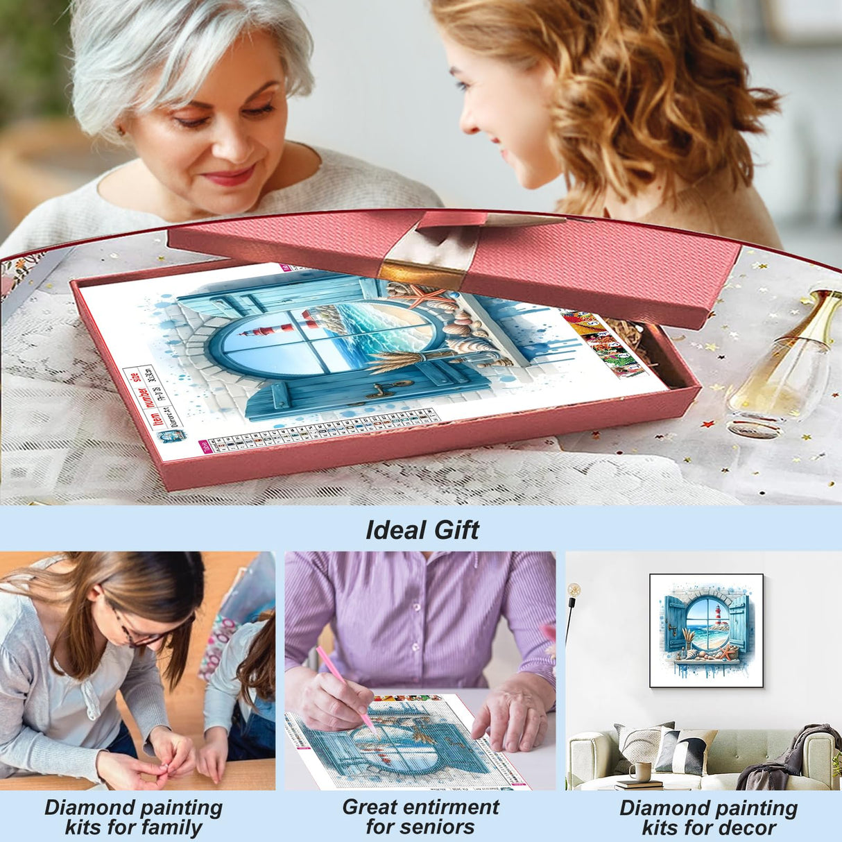 FHBUBPUP Beach Diamond Painting Kits for Adults, Lighthouse Diamond Art Kits for Beginners, 5D DIY Full Drill Round Diamond Point Gem Art, Craft Gift Suitable for Home Wall Decoration 12×12Inch FHBUBPUP