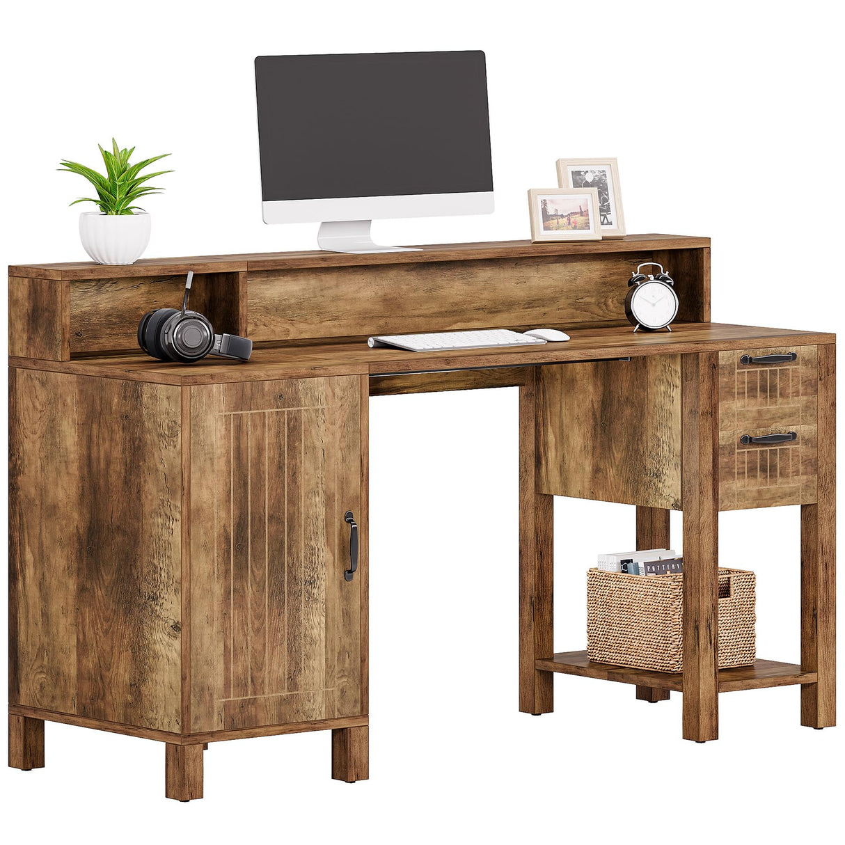 Tribesigns 55" Wood Executive Desk, Farmhouse Computer Desk with Drawers and Cabinet, Rustic Office Desk with Hutch and Storage Shelves, Large Study Writing Table for Home Office, Brown Tribesigns