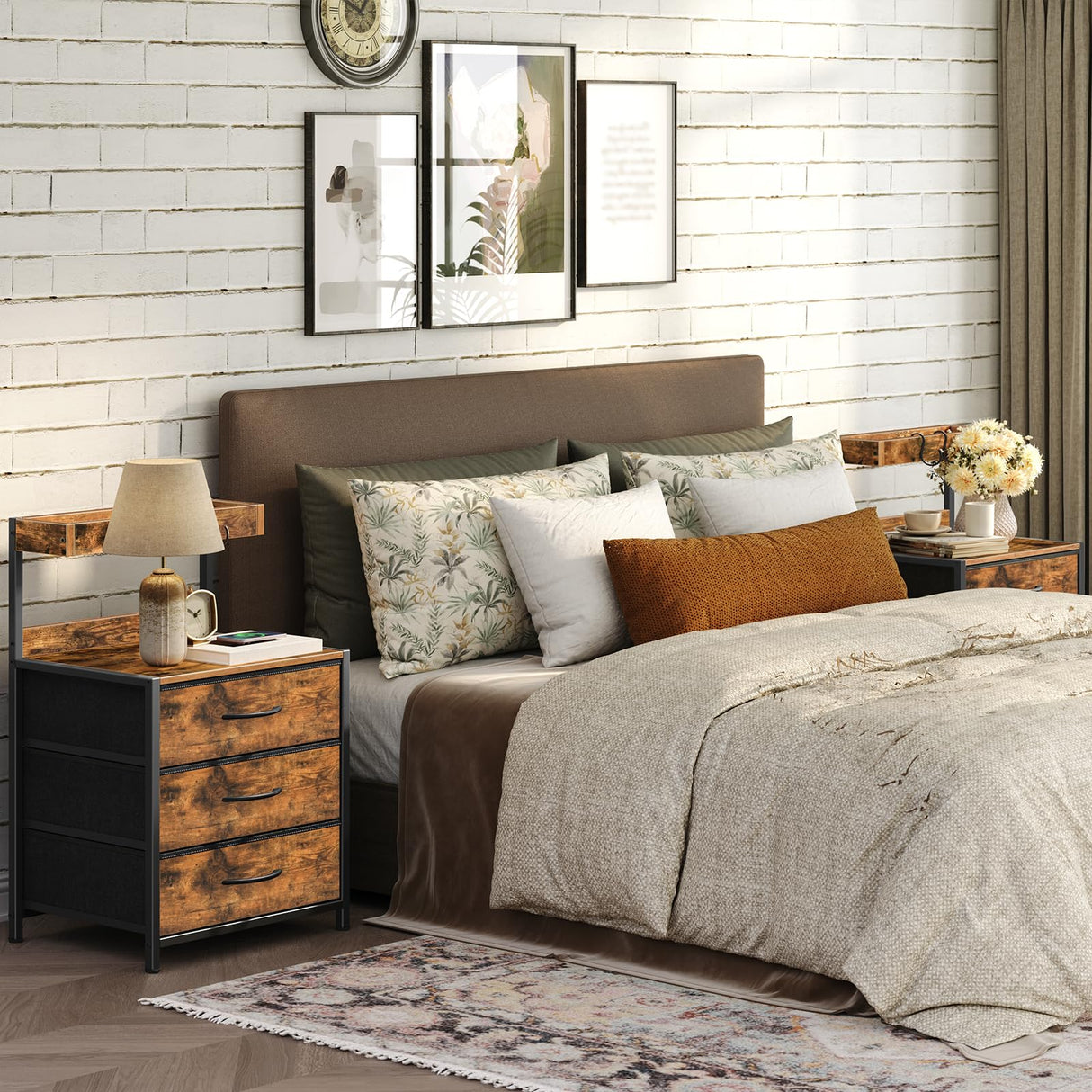 MAHANCRIS Night Stand, Nightstand with 3 Fabric Storage Drawers, Bedside Table with Storage Shelf, Bed Side Table for Bedroom, Living Room, Rustic Brown ETHR11601 MAHANCRIS