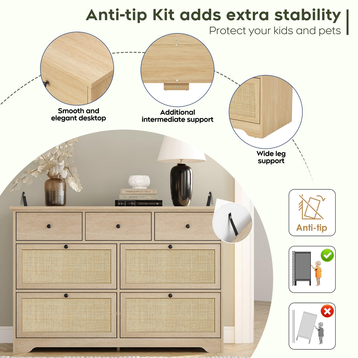 7 Drawers Natural Rattan Dresser for Bedroom, Mid Century Modern Dresser Wooden Cane Dressers with Elegant Tabletop, Boho Drawer Dresser TV Stand with Sturdy Base for Living Room, Kids Room, Nursury Yechen