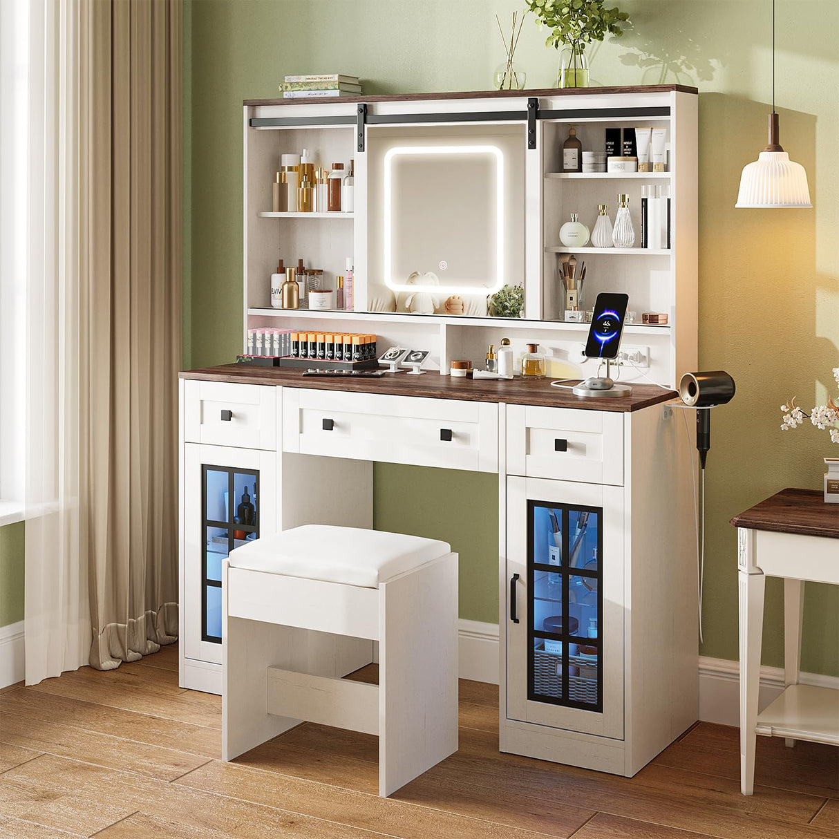 Maupvit Farmhouse Makeup Vanity Desk with Sliding Mirror, 45.5'' Vanity Set with 3 Drawers & 2 RGB LED Cabinets & Charging Station, Ample Storage, Stool Included, Antique White Maupvit